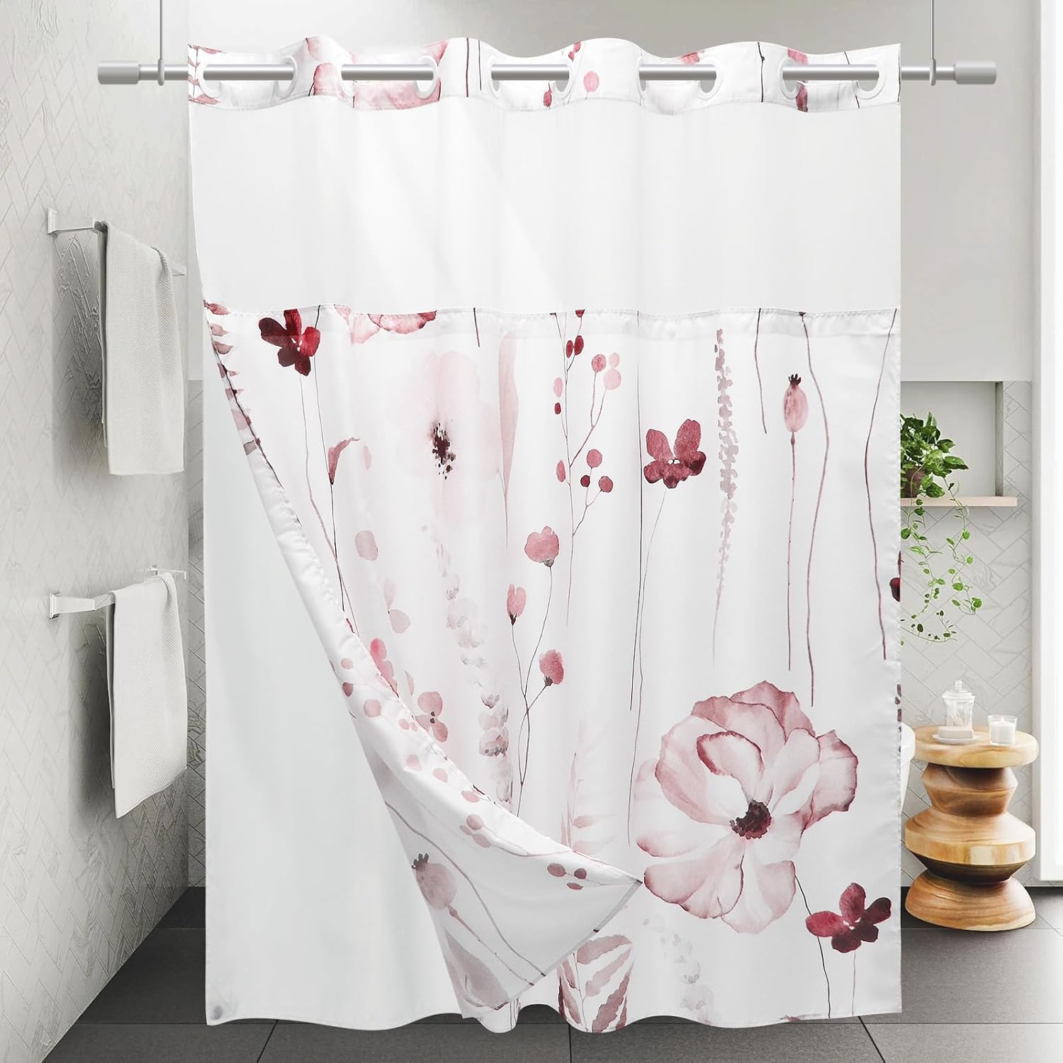 Amazon.com: WITHLOC No Hook Shower Curtain with Snap in Liner - Floral ...