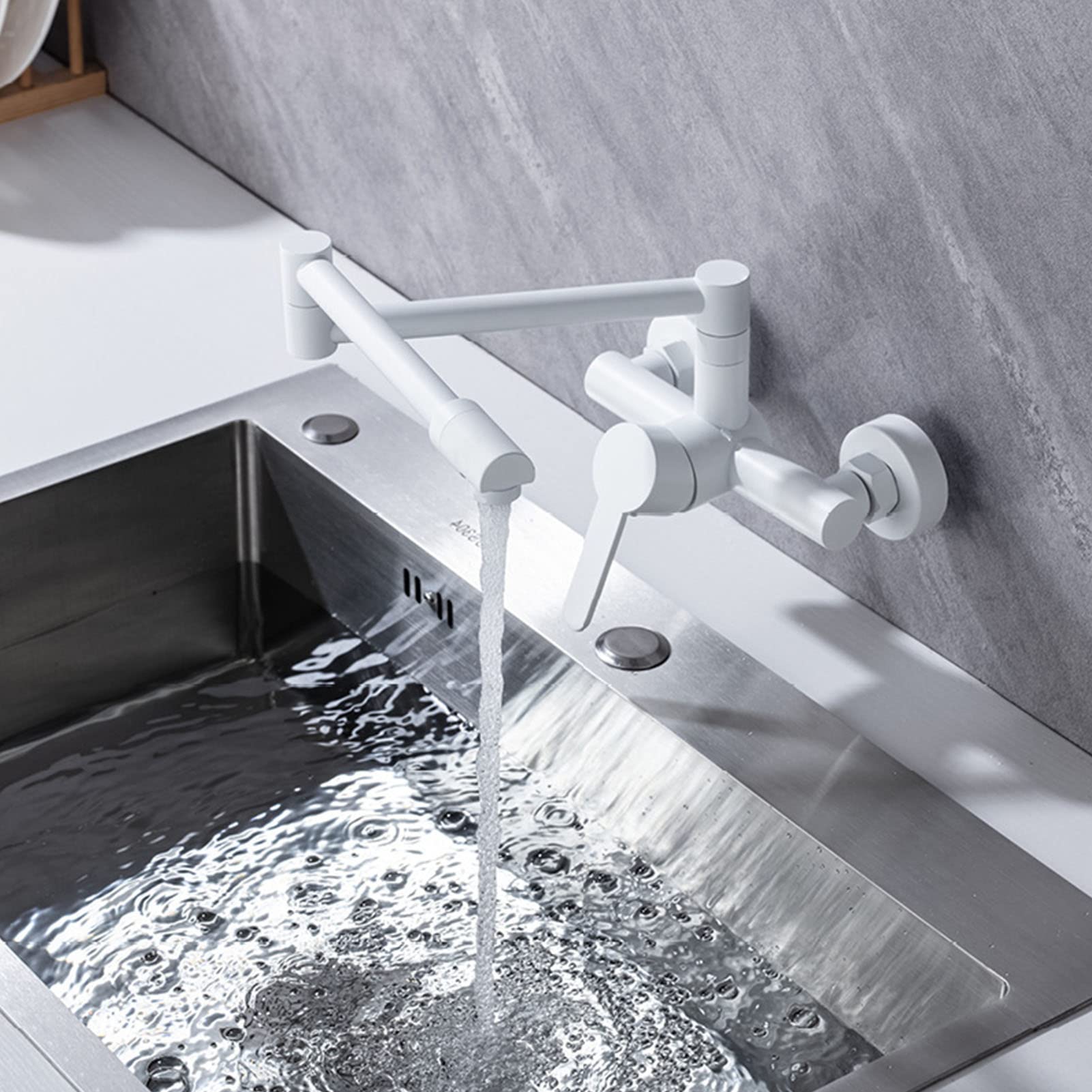 Grifo de llenado de ollas de pared blanco con brazo doble articulado para agua fría y caliente