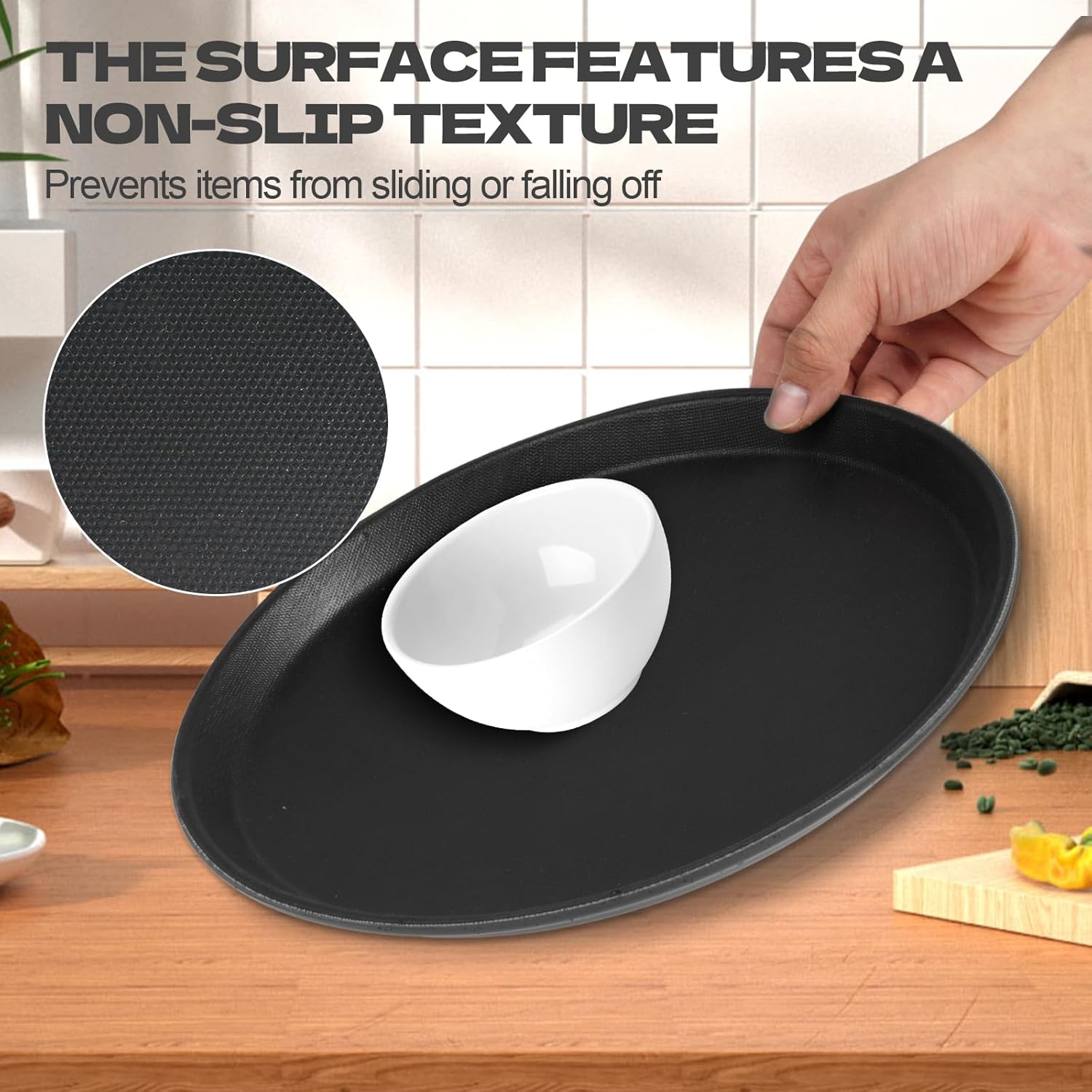 8Pcs Black Round Restaurant Serving Trays, Plastic Non Slip Surface Circle Fruit Appetizer Flat Tray Food Drink Server Tray with Raised Edges for Home, Restaurant, Cafeteria, Bar, Cocktail (11 in) - Image 4