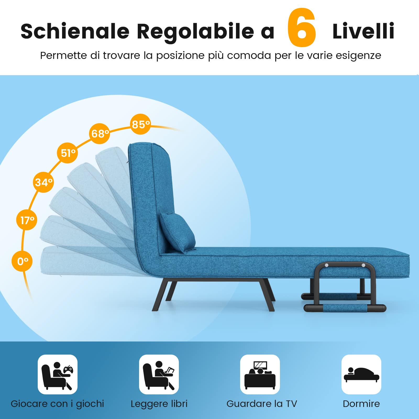 COSTWAY Poltrona Letto, 4 in 1 Poltroncina Pieghevole con Schienale Regolabile in 6 Posizioni, Sedile Imbottito Robusto, Divano Letto Singolo per Casa Ufficio, 79x65x79 cm (Blu)