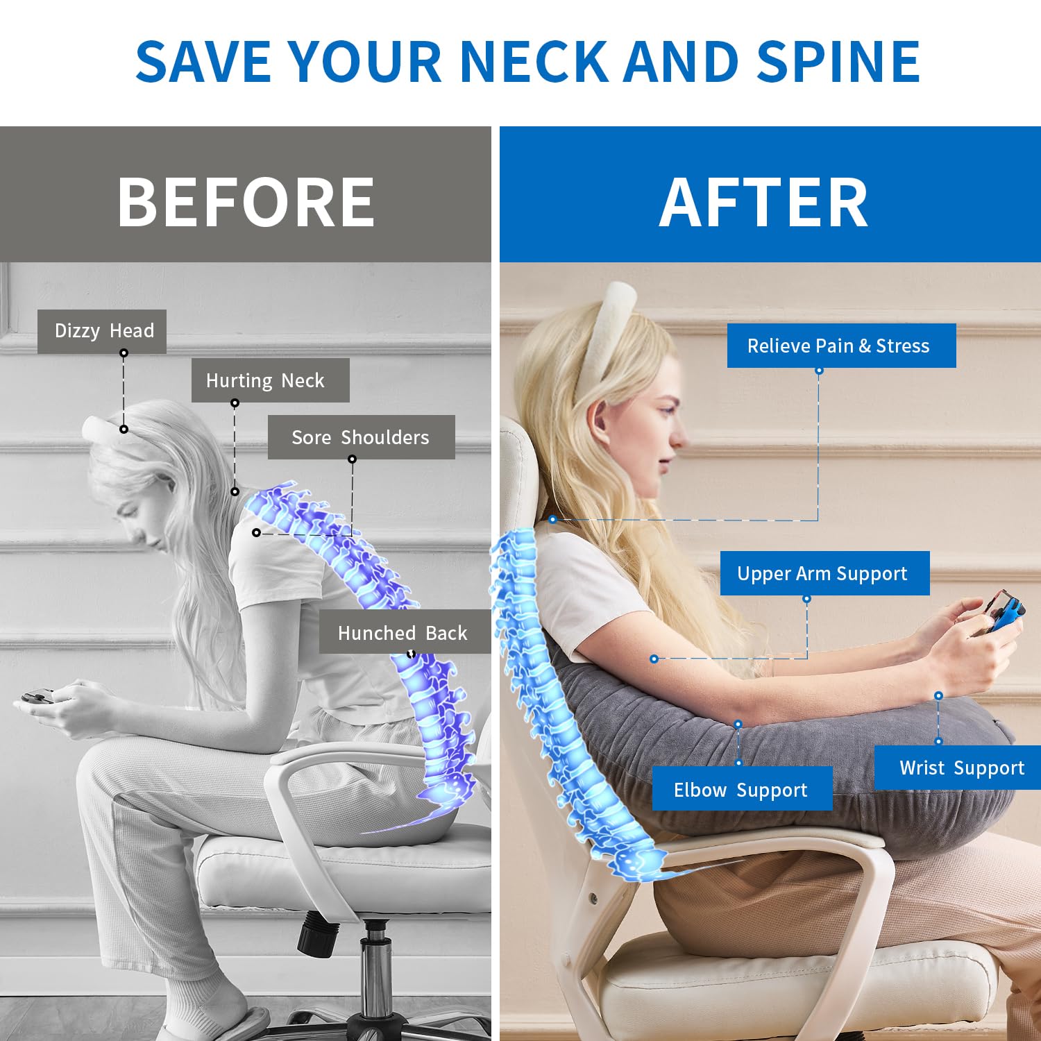 Lesekissen zum Spielen, ergonomische Armstütze zum Spielen, Häkeln, Laptop-Stützkissen zum Sitzen im Bett & Sofa, Haltungskorrektur-Kissen für den Schoß, Samtbezug waschbar (Soft Grau)