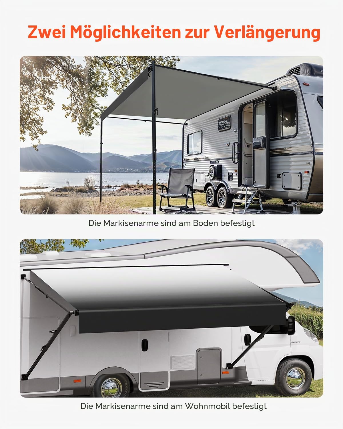 VEVOR Wohnwagen Markise universelle einziehbar RV Markisen (487,7 cm) wasserdichter Sonnenschutz mit Aluminiumlegierungsrahmen, Außenmarkise mit schwarzem Ständer & schwarzen Stoffen mit Farbverlauf
