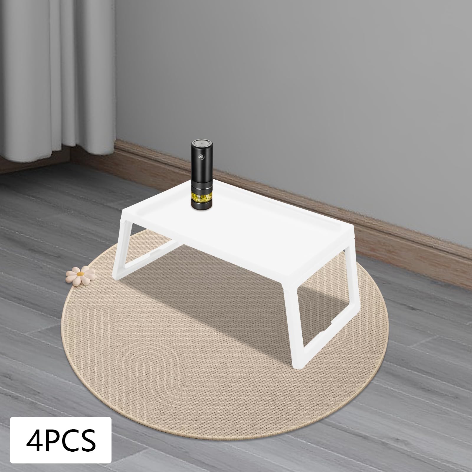 4 tabletas de cama con patas plegables, mesa de cama de plástico blanco, bandeja de desayuno para bandeja de cama, limpieza sin esfuerzo, bandeja de cama con ranura para teléfono móvil,