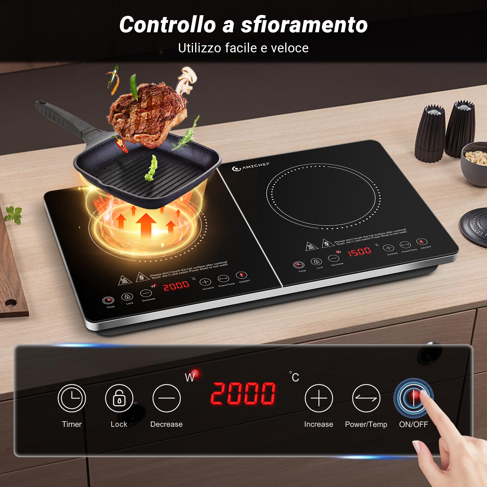 AMZCHEF Piastra ad Induzione 2 Fuochi, Piastra a Induzione con IGBT importato, 20 Livelli di Temperatura, 20 e 15 Livelli di Potenza, 3500W Piano Induzione con Timer di 4 ore, Blocco di Sicurezza