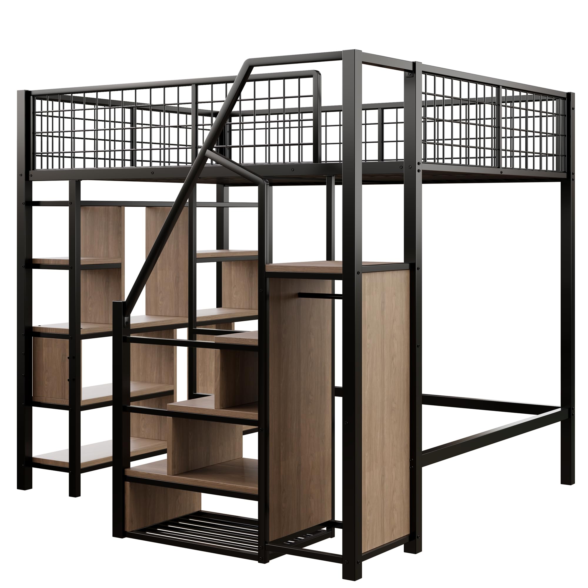 Kayan Hochbett 140 x 200 cm, Metallbett mit Stauraum, Ablageflächen und Treppe, Funktionsbett Kinderhochbett Jugendhochbett mit Rausfallschutz, Weiß, ohne Matratze (Schwarz)