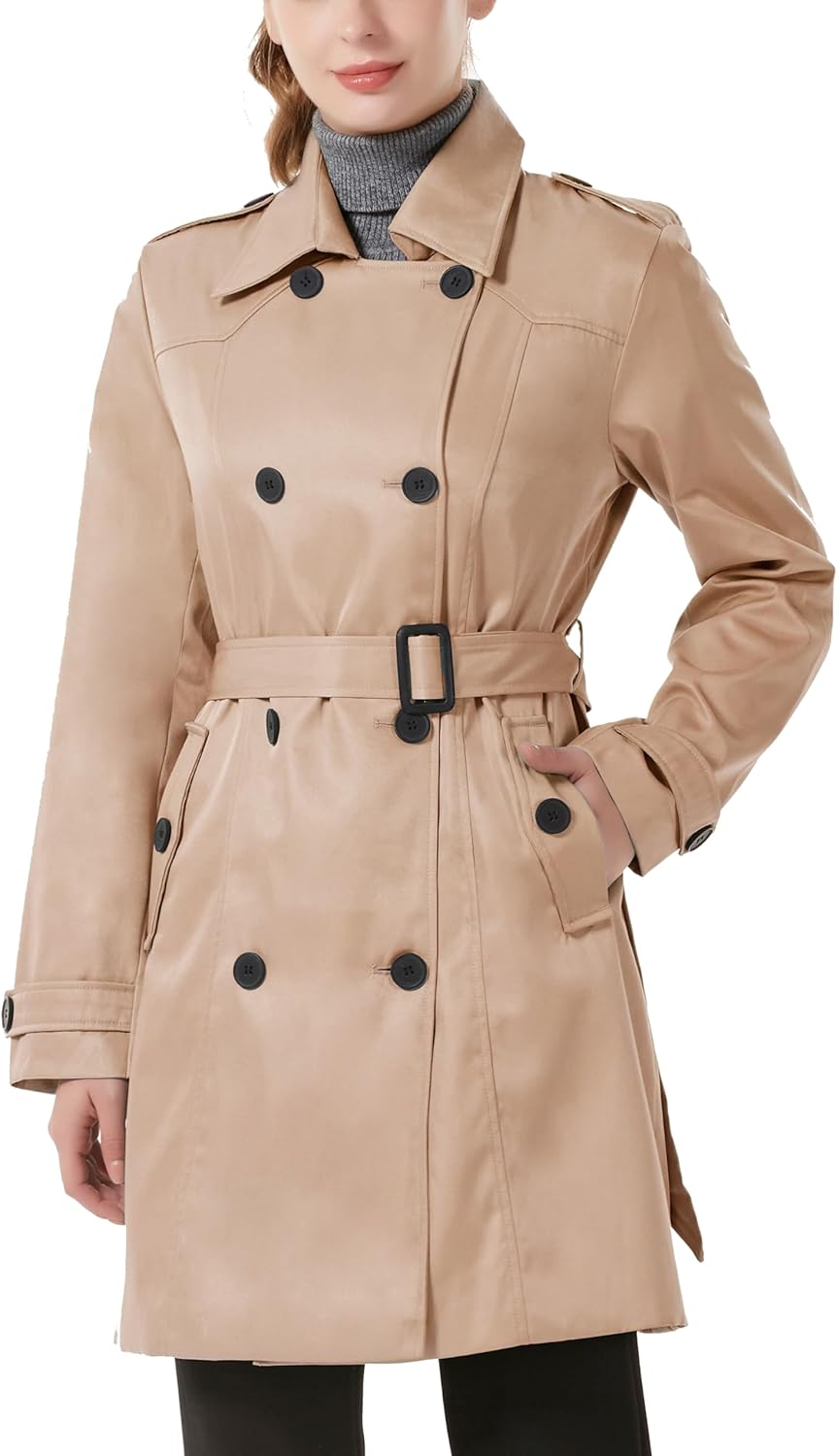KVE Classic Women's Trench Coat, Mid-Length Belted Windproof Double Breasted Overcoat Jacket - Image 6