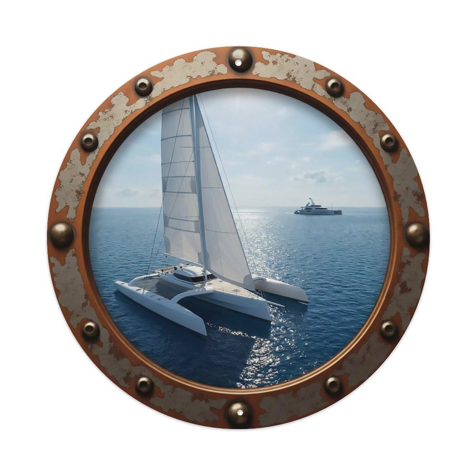 Vintage Porthole Trimaran Sailing Nautical Window View Metal Tin Sign