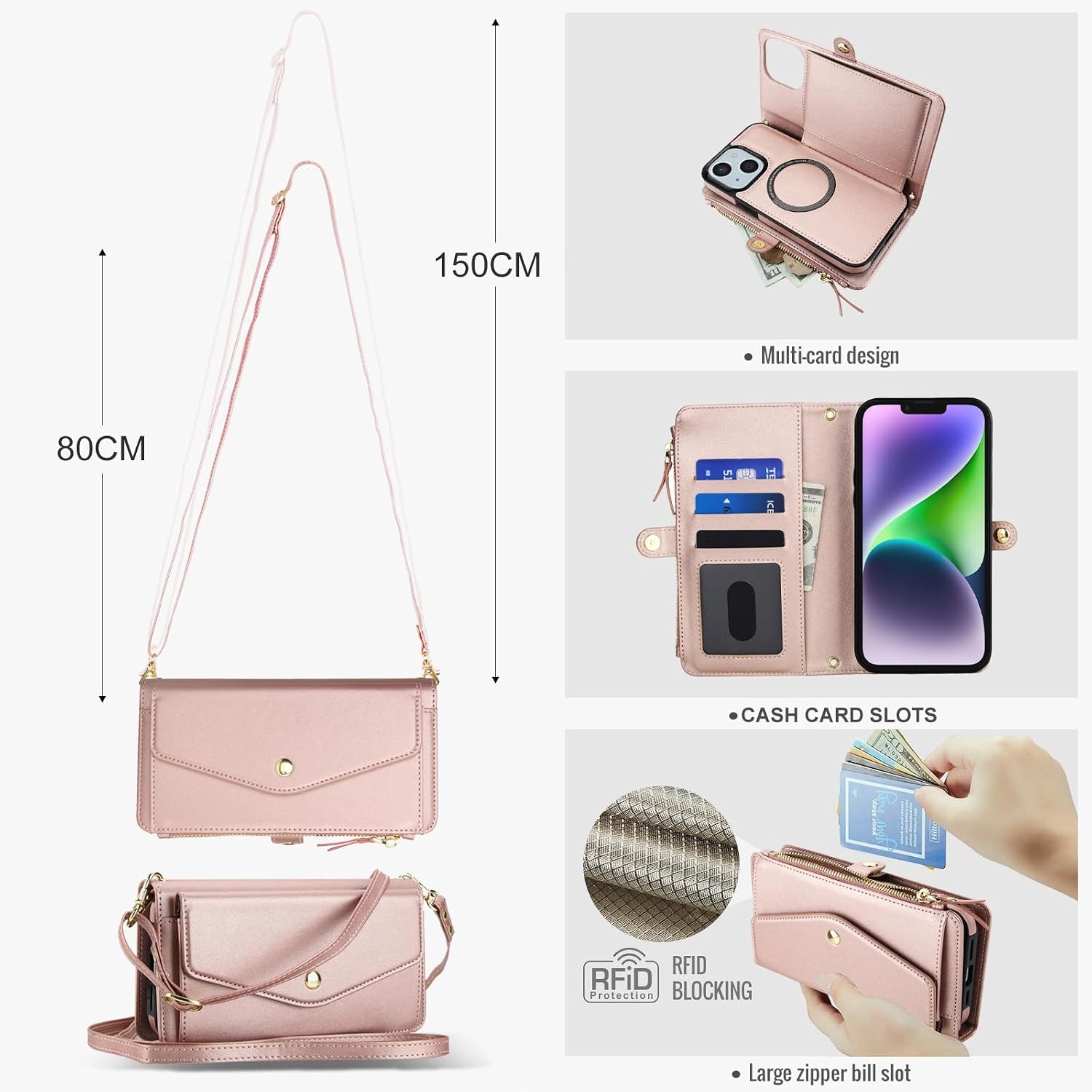 Phone Case for iPhone 13/14 6.1 inch Wallet Cover Compatible with Magsafe RFID Screen Protector Crossbody Lanyard Strap Flip Card Holder Slot Zipper iPhone13 iPhone14 5G i i-Phone i13 i14 Rose Gold