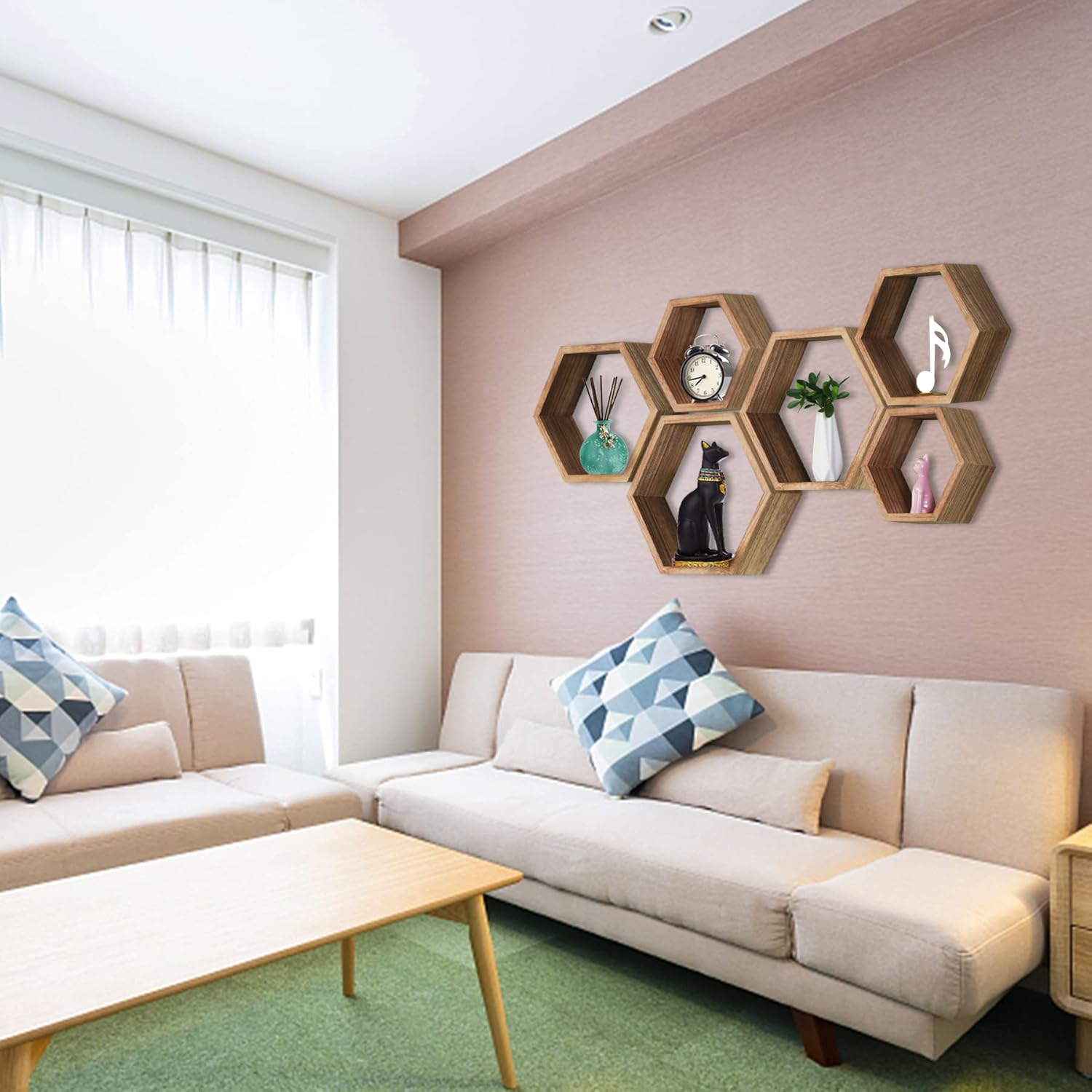 PHOENANCEE Hexagon Floating Shelves,Honeycomb Shelf,Wall Mounted Rustic Wood Octagon Hanging Storage Shelves Set of 3 for Living Room Bedroom Bathroom Office Hexagonal Decor(Carbonized Black)