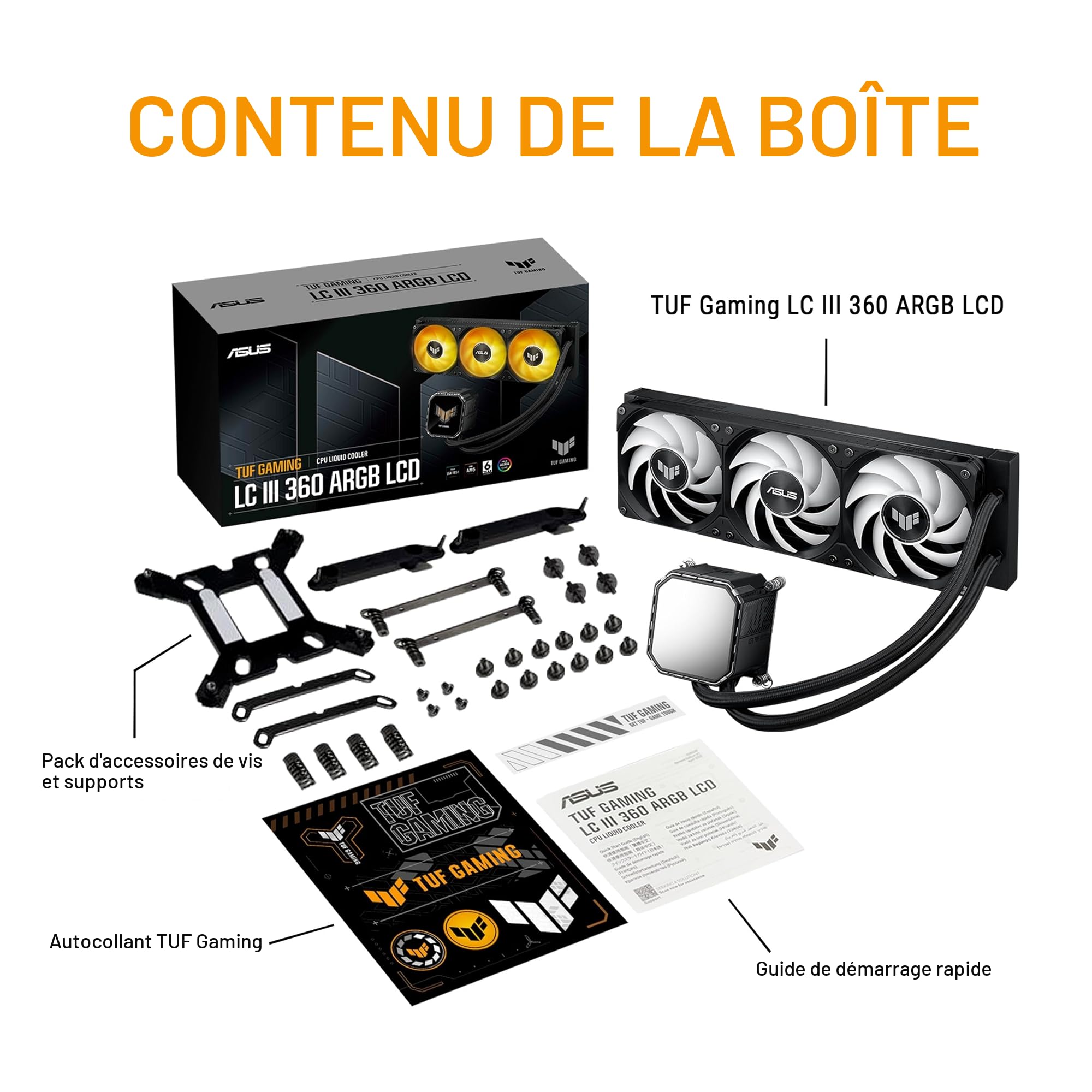 ASUS TUF Gaming LC III 360 ARGB - Watercooling CPU tout-en-un, 3 ventilateurs pré-installés et intégrés, Écran LCD 2,8 pouces pour monitoring matériel, LGA1851/1700 & AM5