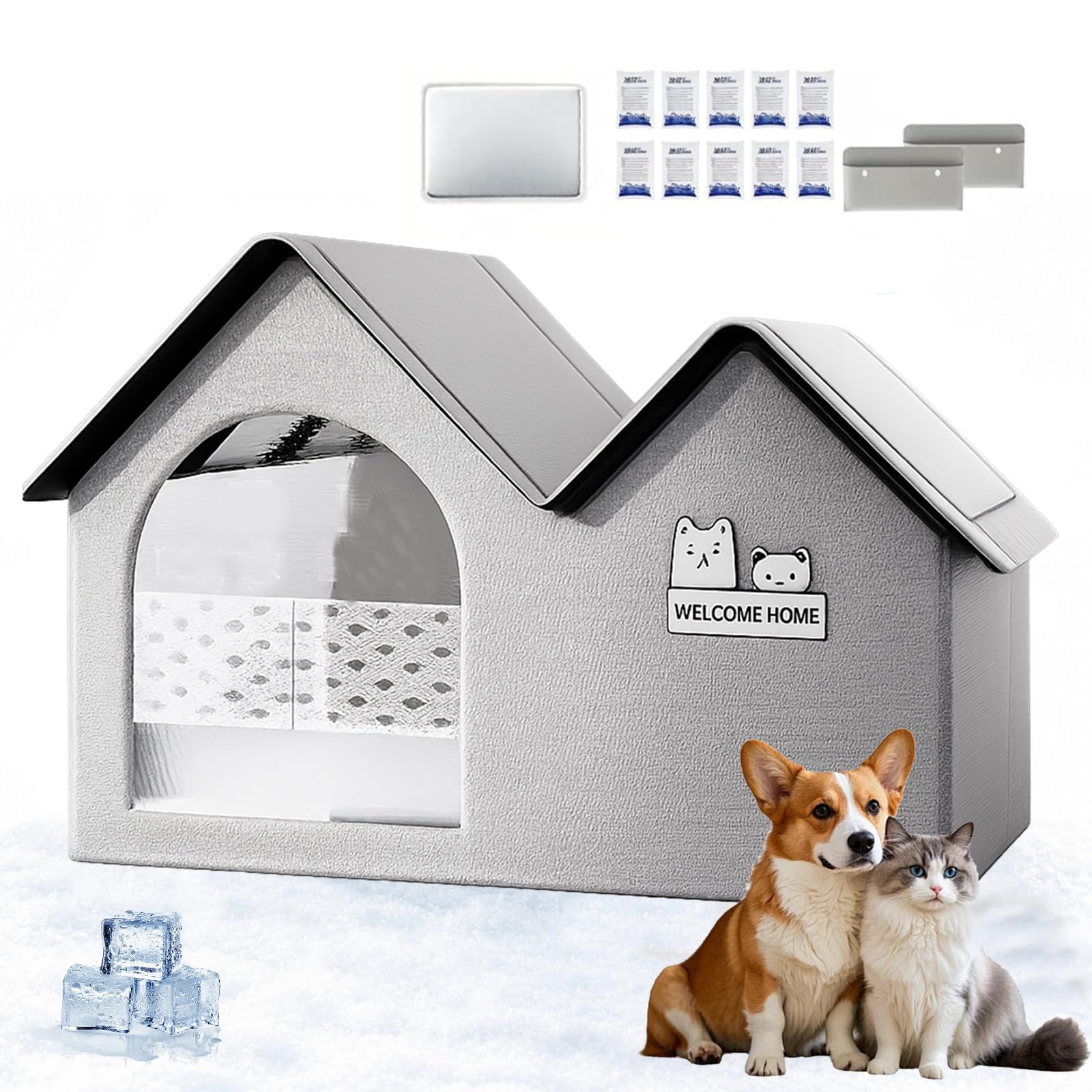 Casa Refrigerante para Mascotas, Casa de Verano Plegable Aislada para Mascotas, Casas para Perros Doble Aislamiento, Sala de Hielo Fácil de Limpiar para Gatos y Perros Pequeños (Large,Gray)