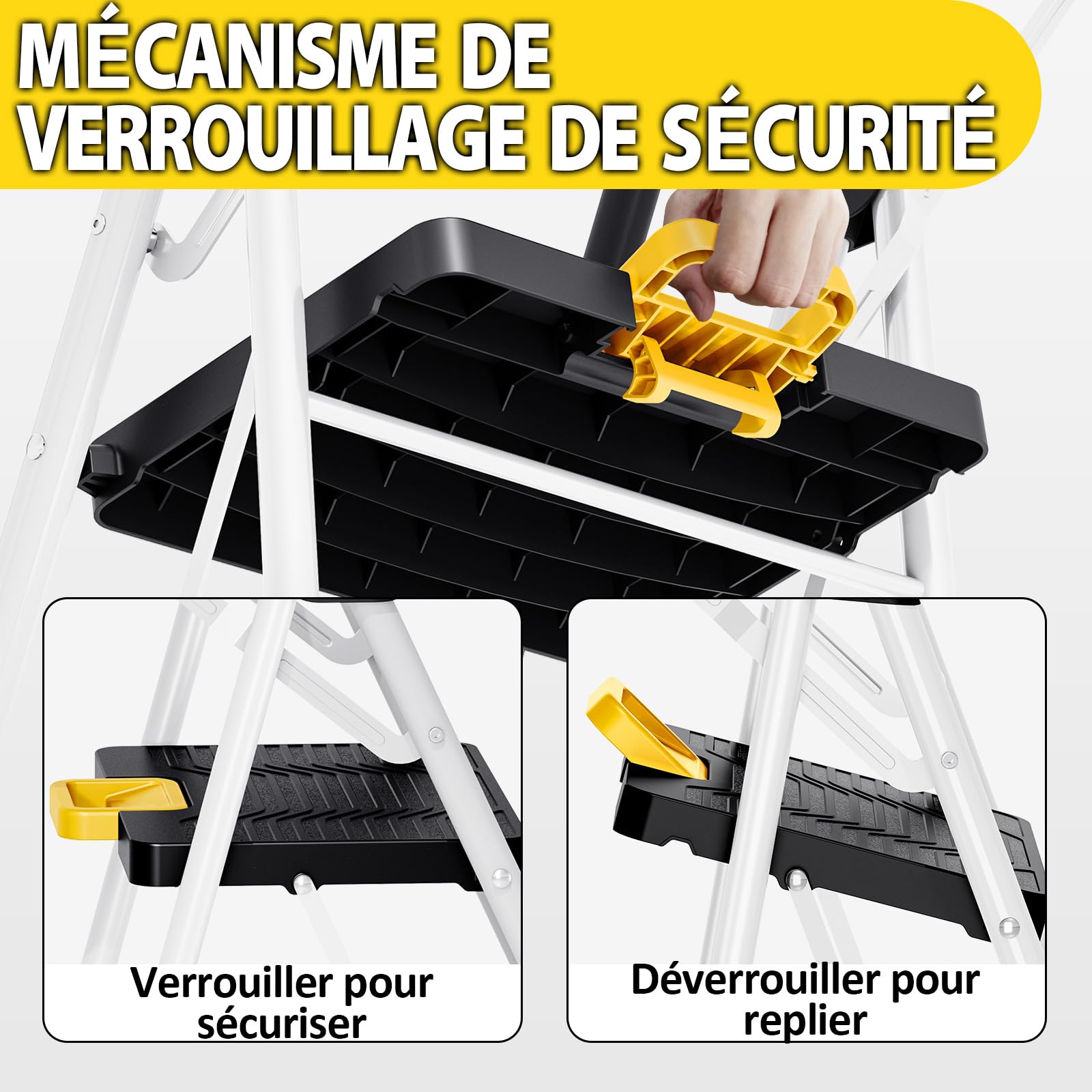 KINGRACK Escabeau Pliable 5 marches Charge maximale de 150kg Verrouillage de sécurité, pédales Larges accoudoirs escabeau escamotable légères pour la Maison, Cuisine, Placard et Bureau, Blanc