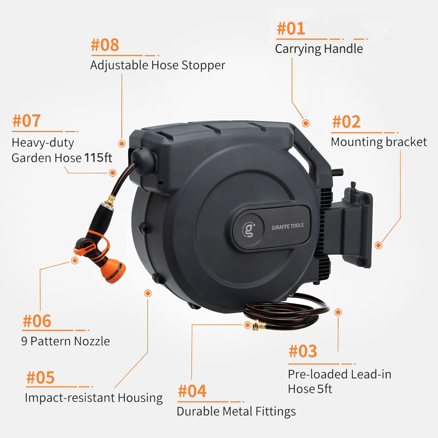 Giraffe Tools Retractable Garden Hose Reel 5/8" x 115+5 ft, Heavy Duty Wall Mounted Water Hose Reel with Automatic Rewind, 180° Swivel Bracket, Slow Retraction Technik, 9 Pattern Nozzle : Patio, Lawn & Garden