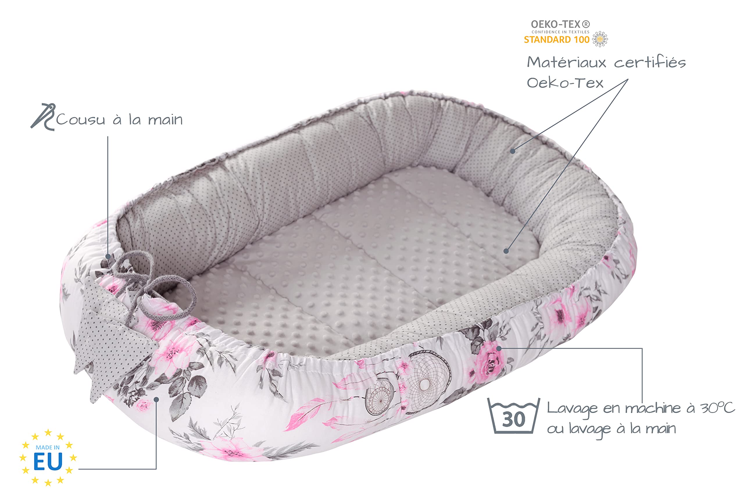 Medi Partners Reducteur de lit Bébé Cocon 100x60x15cm 100% Coton Baby Nest Nouveau-né Nid de Bébés Oreiller Couverture Insert Amovible (Catchers et Fleurs Gris Minky)