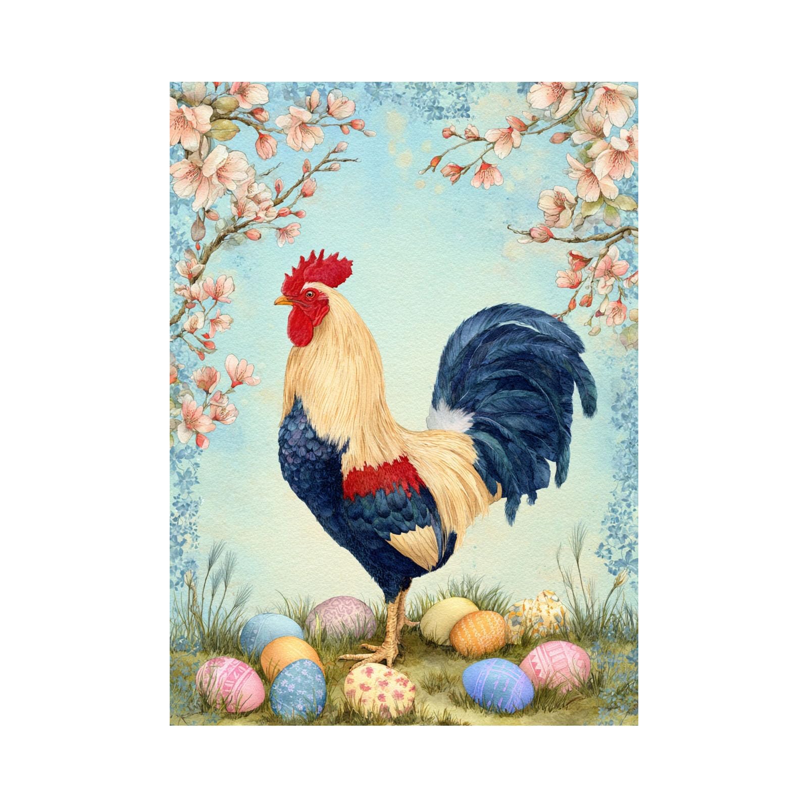 TERUEA Funny Pictures for Bathroom Walls, Wall Art Poster Colourful Rooster Blossom Branches Easter Eggs Watercolour Bathroom Wall Art Poster, for Bathroom Toilet Decor(Blue)-20x30cm Unframed