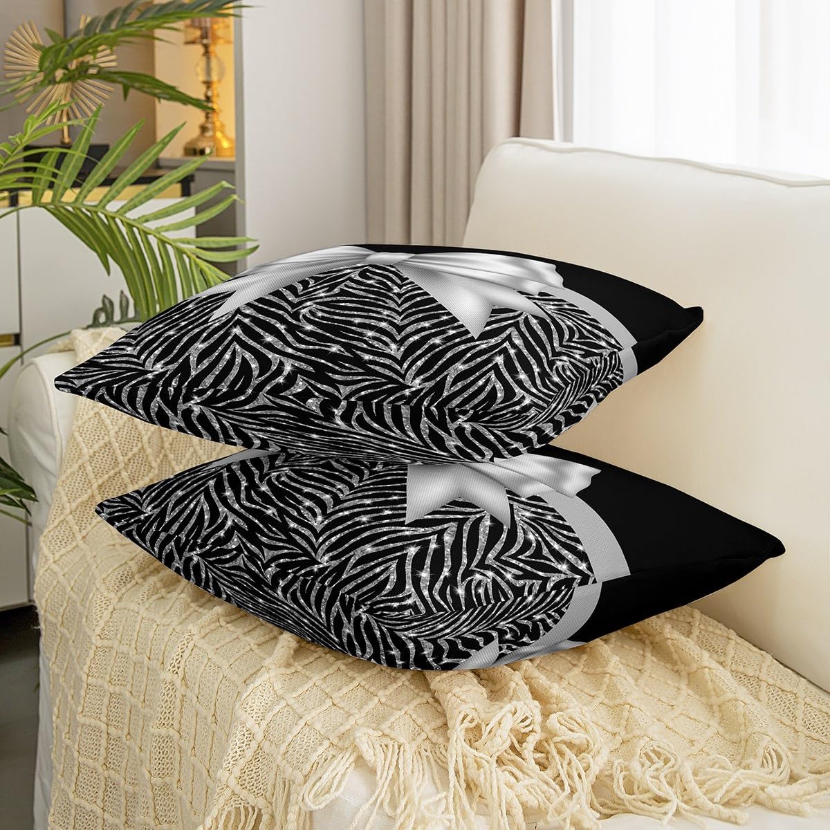 jejeloiu Silver Glitter Print Cushion Case 18"x18" Set of 4 Silver Bowknot Decor Cushion Case Set Pastel Print Throw Pillow Covers Black Decorative Pillowcase for Sofa Couch Bed Chair Car(No Glitter)