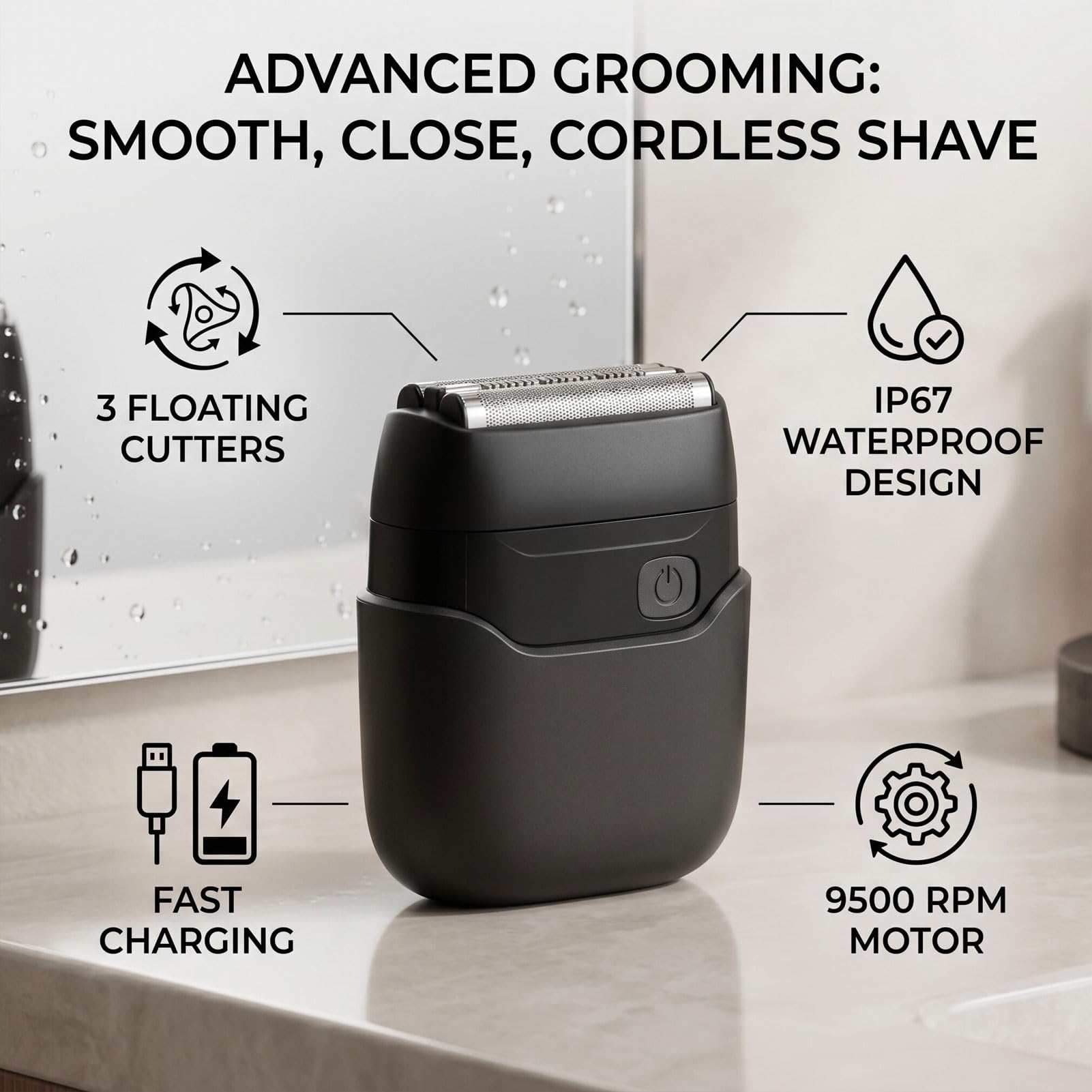 Rasoio elettrico senza fili impermeabile IP67 delle teste galleggianti del regolatore della lamina 3 | 9500RPM Carica Veloce 90Mins Uso, Display LED Portatile Rasoio Viso per Uomini, Viaggio Grooming Essenziale
