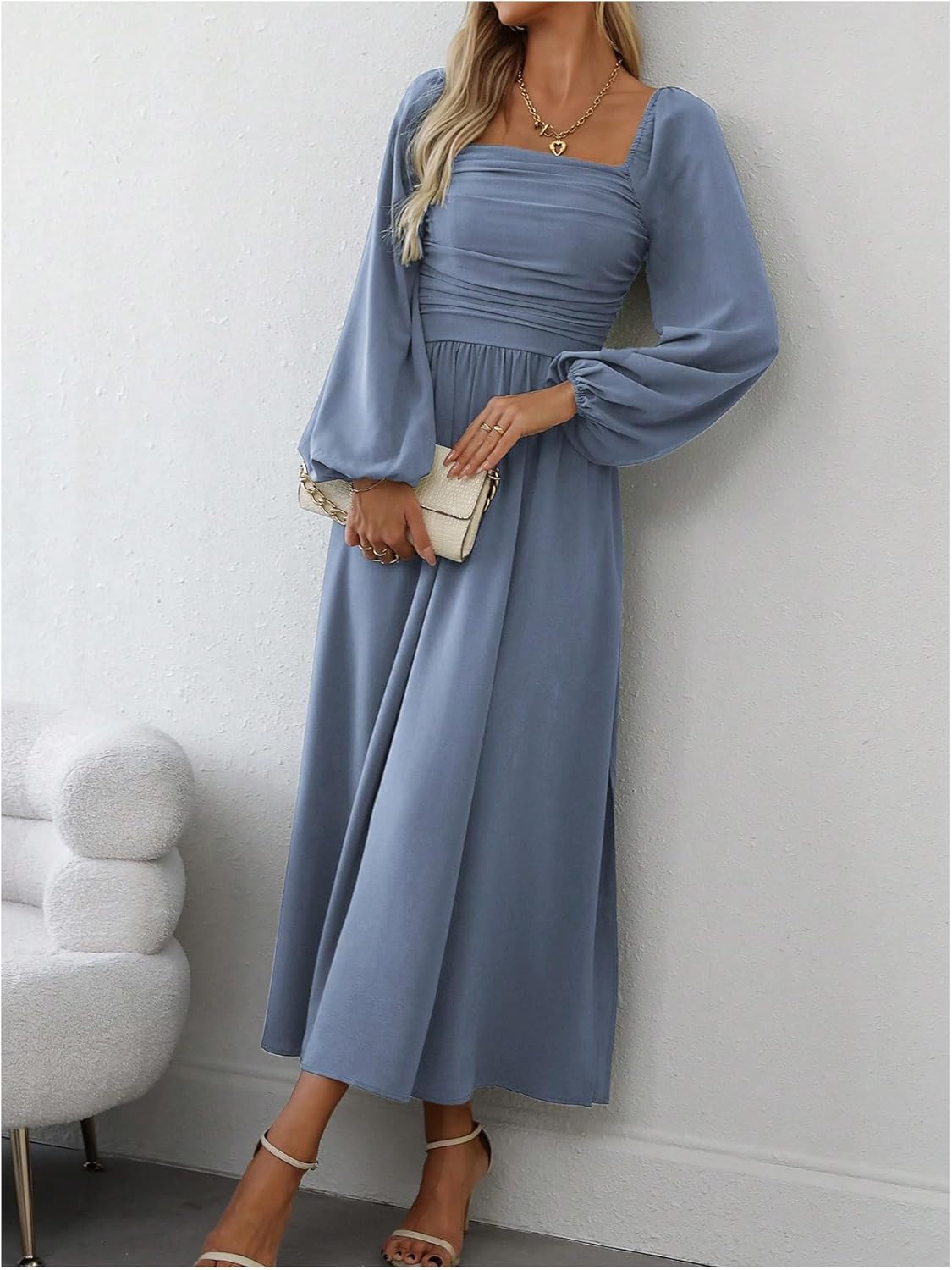 Floerns Women's Square Neck Lantern Long Sleeve Dress Split Ruched Party Midi Dresses - Image 5