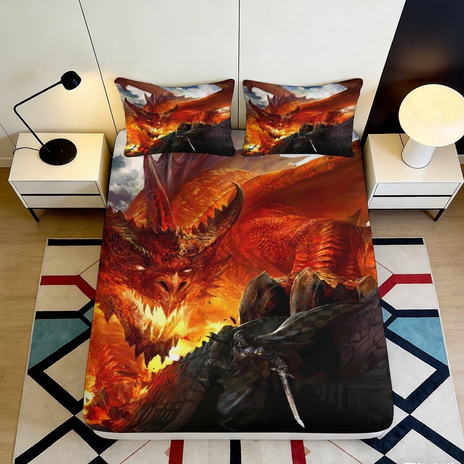 3D Printed Fiery Dragon Fitted Sheet Microfiber Soft Breathable Medieval Warrior Bed Cover for Bedroom Dorm Decor 90x200x25cm