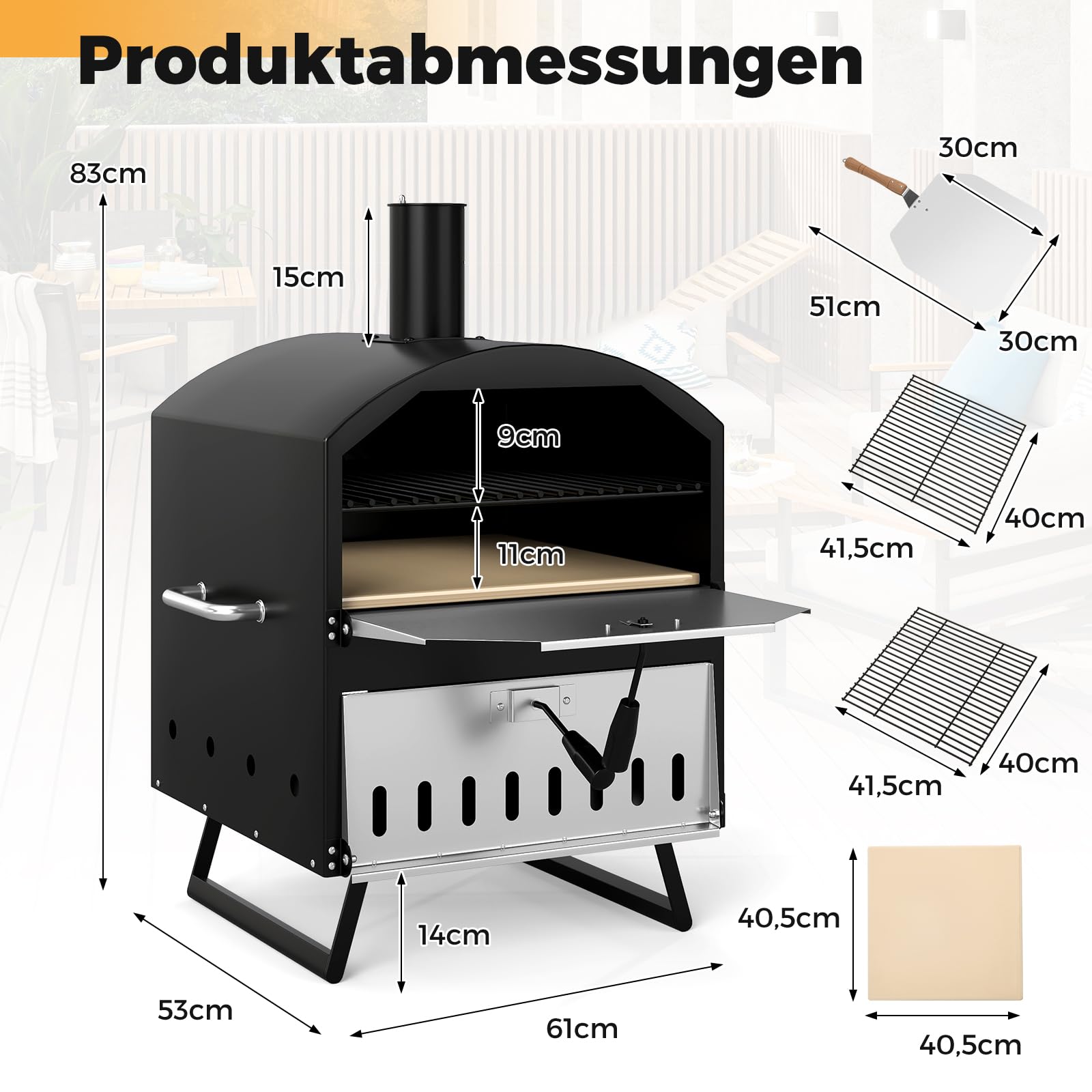 COSTWAY Outdoor Pizzaofen, 2-lagigem Pizza Ofen mit Grillrost, Pizzaschaufel, quadratischem Stein, wasserdichter Abdeckung, tragbarer Brennofen, Holzofen für Picknick, BBQ-Party, Camping
