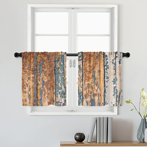 Batmerry Cortinas de textura de madera vieja, valla de madera agrietada, pintura azul agrietada, tratamiento de ventana de madera, cortina corta de Batmerry Cortinas de textura de madera vieja, valla de madera agrietada, pintura azul agrietada, tratamiento de ventana de madera, cortina corta de