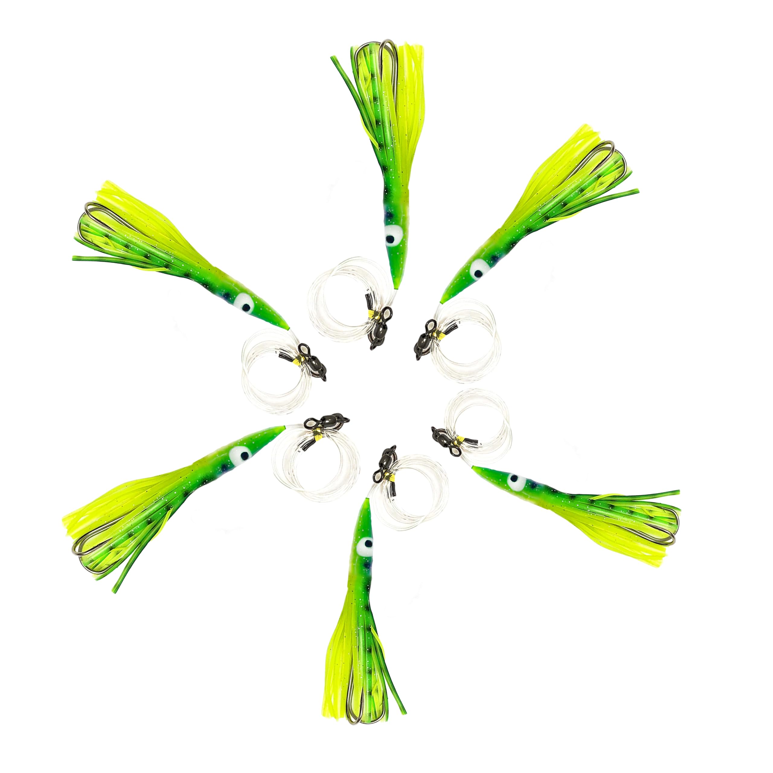 6" Tuna Clone Rigs, 6 Pcs Yellow/Green for Saltwater Fishing, Durable Soft Plastic Lures, Ideal for Tuna and Multiple Species