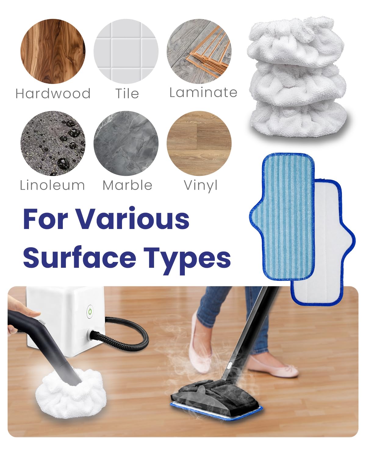 RunnoClean - Accesorios de limpieza a vapor compatibles con limpiador a vapor Dupray, capó triangular de microfibra para limpiador de vapor limpio y almohadillas de microfibra, 3 + 3 almohadillas
