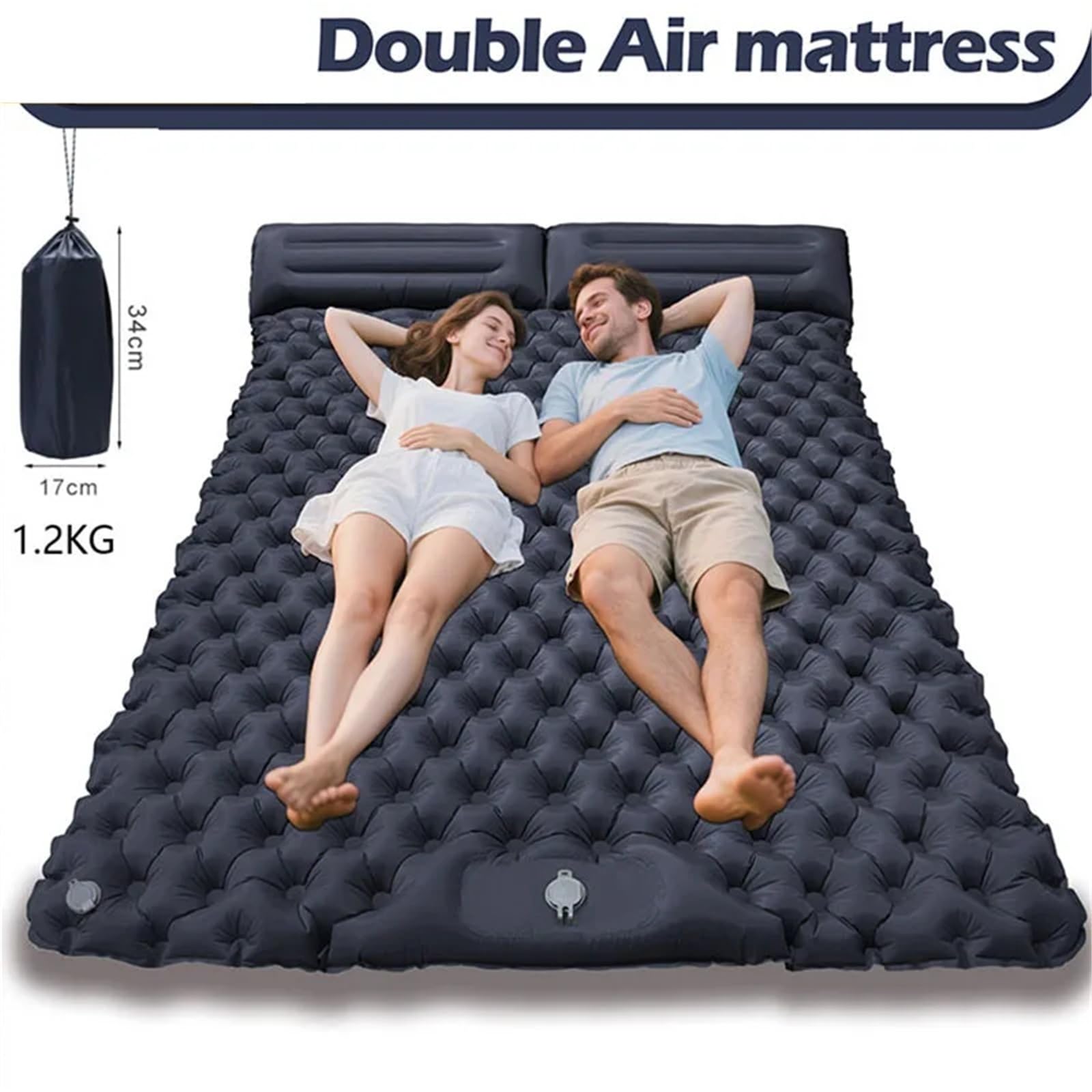Almohadilla de Camping autoinflable for 2 Personas | Colchoneta doble ultraligera con bomba de pie tipo almohada for acampar al aire libre(Double-NavyBlue)