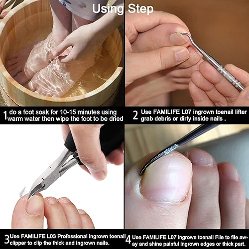 Miniatura 6 de FAMILIFE Lima y levantador de uñas encarnadas de acero inoxidable 100% de doble cara con estuche de almacenamiento (lima de uñas encarnadas) y juego