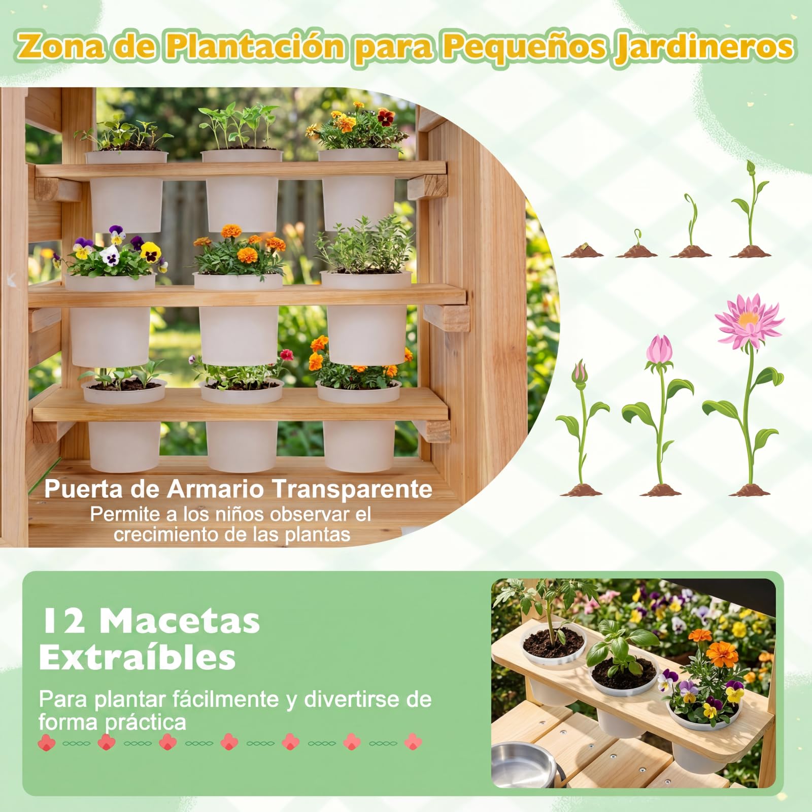 COSTWAY Cocina de Juguete Exterior, Cocinita de Madera Infantil con Fogones, Fregadero, Depósito de Agua, Macetas y Pizarra, Juego de rol de Juguete de Exterior para Niños de 3+ Años