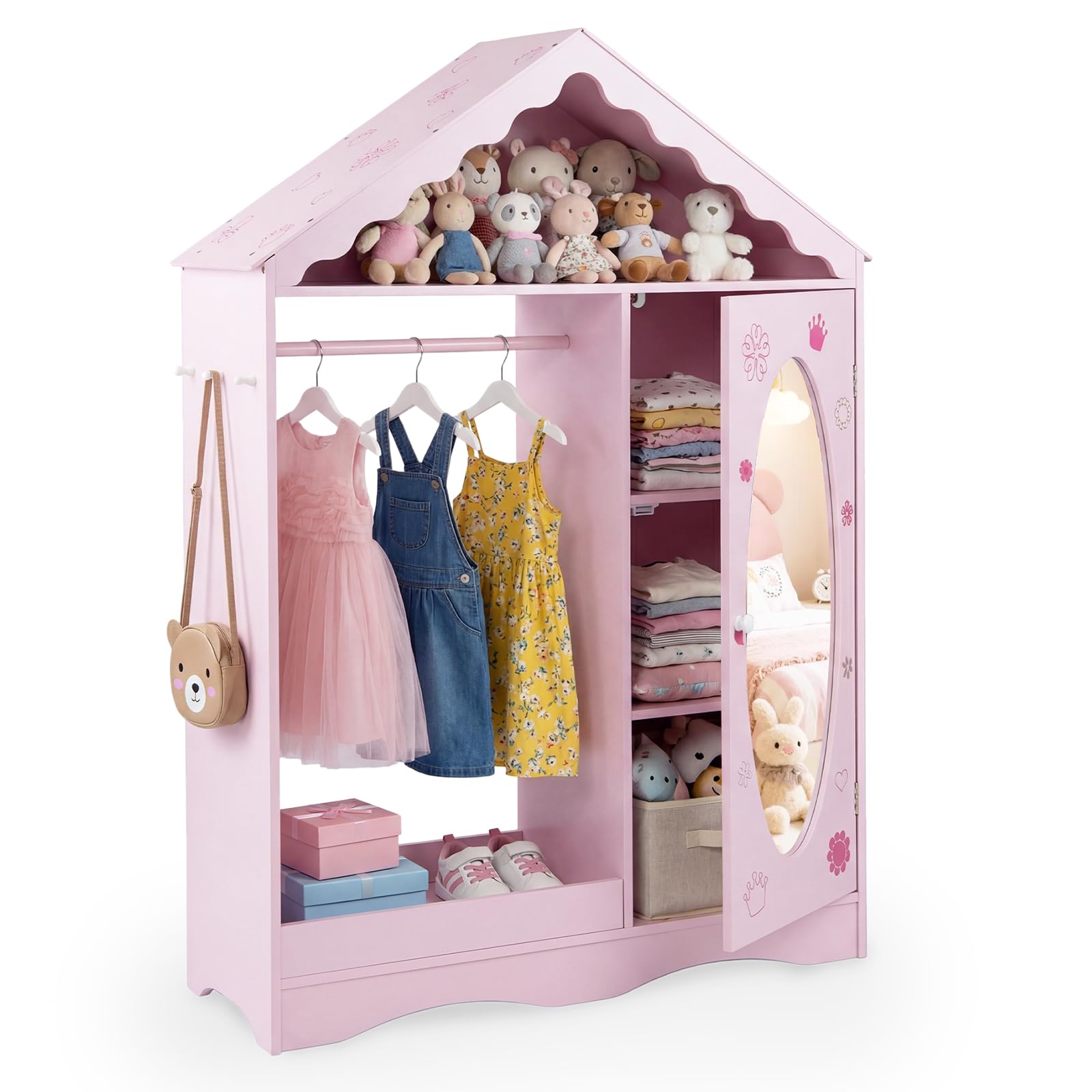 COSTWAY Penderie Enfant en Forme Maison avec Miroir en Acrylique et Tringle, Portant à Vêtements Enfant avec 4 Étagères et 3 Crochets, Armoire Montessori, 85,5x30x121 cm (Rose)