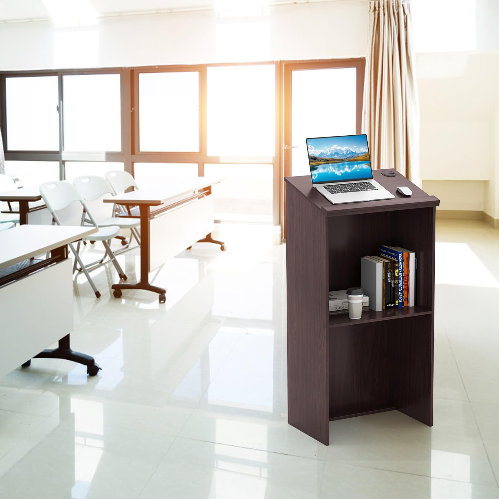 COSTWAY Podium Debout en Bois, Pupitre 117 cm, Surface Inclinée avec Rebord, Lutrin avec Étagère de Rangement et Trous pour Câbles, pour Église, Bureau, École, Séminaire (Brun)