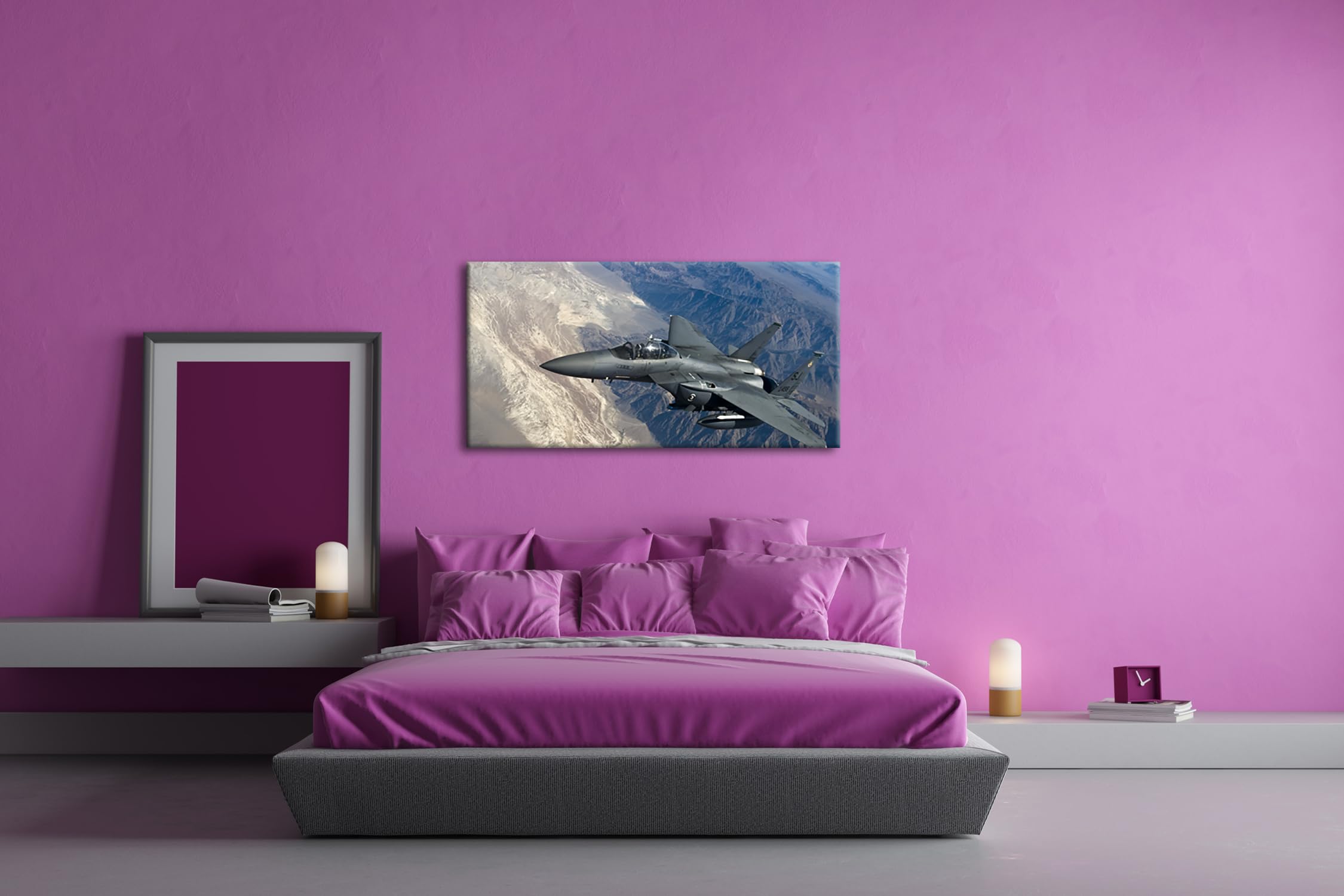 gewaltiger Kampfjet über den Bergen Panorama 100x50 cm als Leinwandbild, Motiv fertig gerahmt auf Echtholzrahmen, Hochwertiger Digitaldruck mit Rahmen