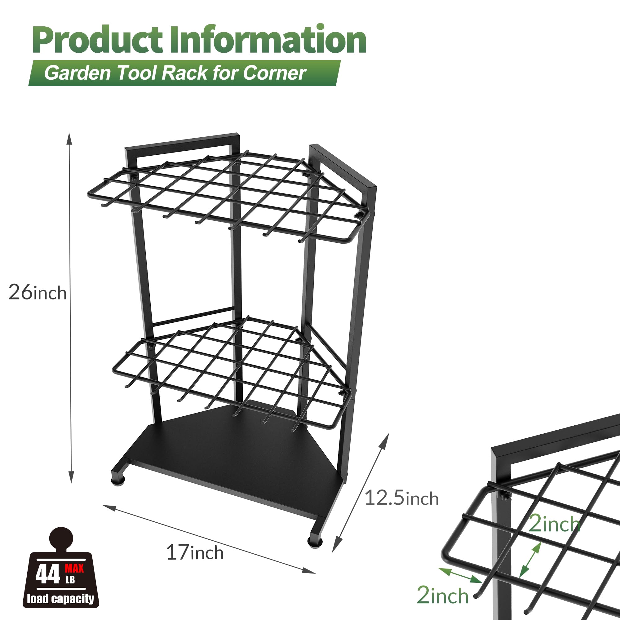 Organiseur d'outils de jardin pour coin – Support en métal robuste avec 34 compartiments de rangement et 14 crochets pour pelles, râteaux, outils à long manche, idéal pour le jardin, l'abri de jardin