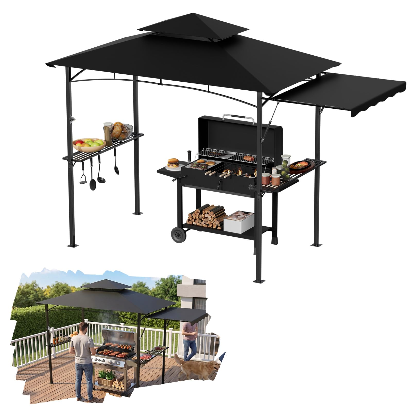 Tonnelle pour barbecue noire avec double toit et store latéral escamotable, 245x141 cm - Tonnelle pour barbecue avec cadre en métal et étagères pratiques, abris de jardin résistants aux