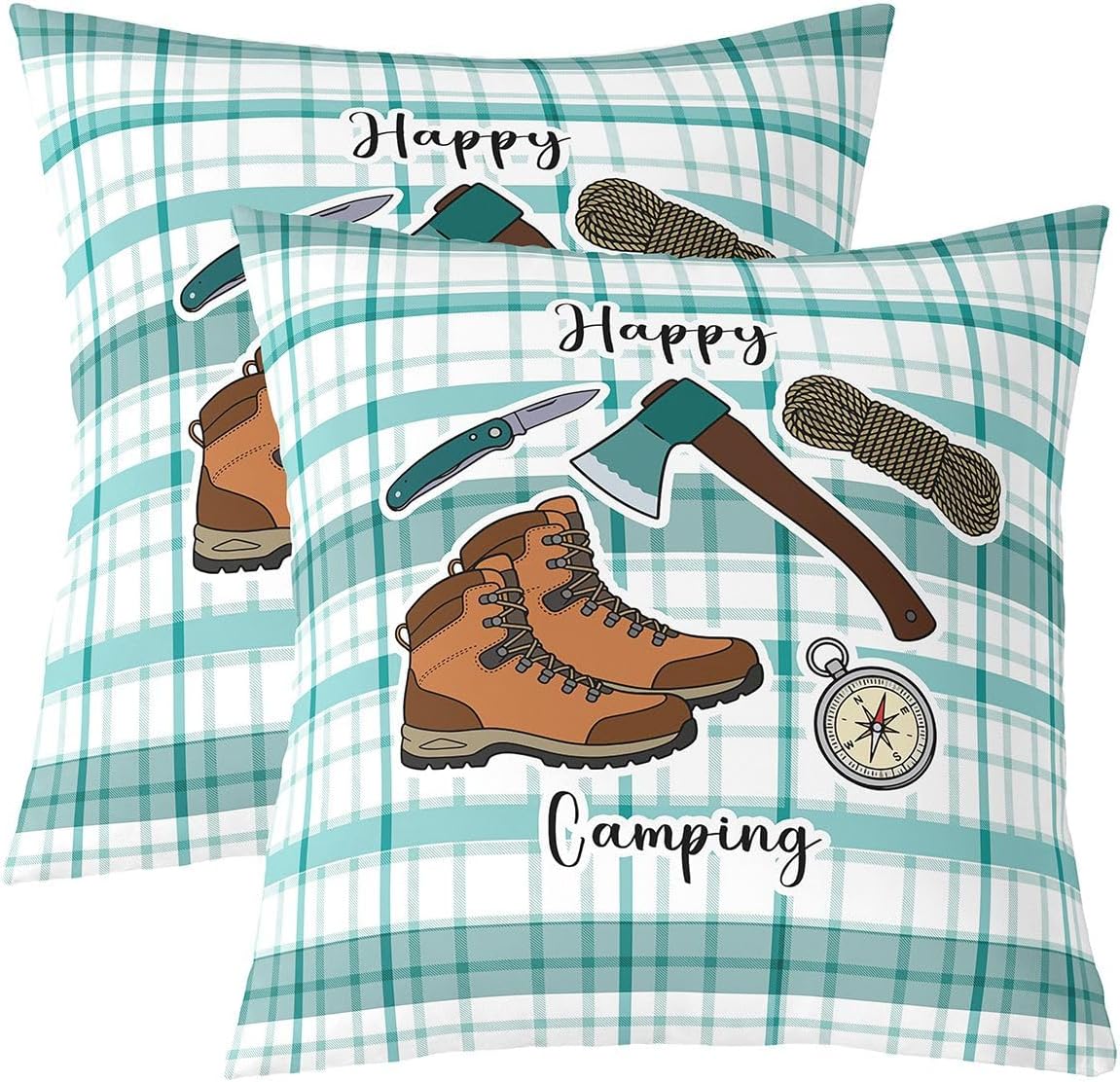 Erosebridal Happying Camping Throw Pillow Covers Camp Travel Boots Accent Pillow Case,Lodge Cabin Decorative Pillowcases Vintage Farmhouse Style Cushion Cases 16"*16"*2(No Inserts)