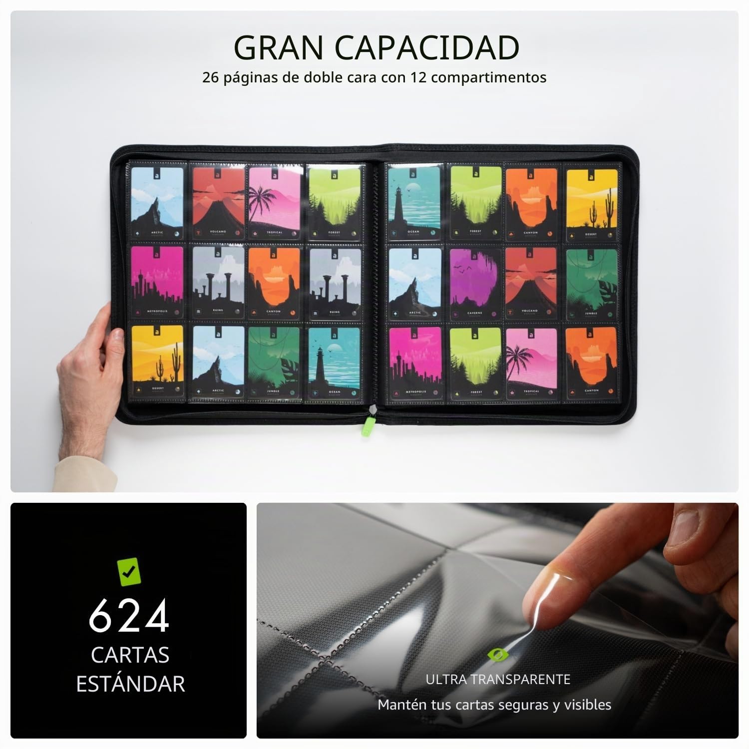 Vault X Álbum Exo-Tec XL con Cremallera, para 624 Cartas Coleccionables, 12 Bolsillos, 26 Páginas de Carga Lateral (Negro)