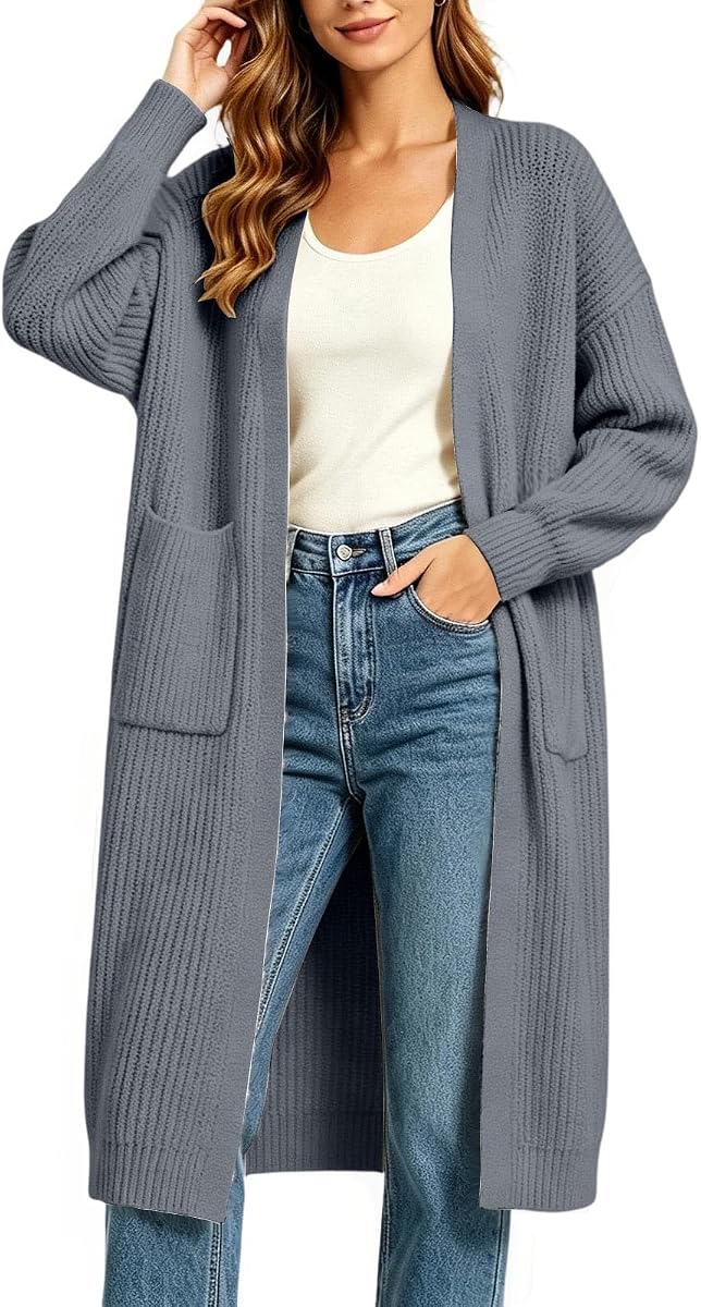Womens Long Open Front Knit Cardigan Loose Sweater Coat with Pockets