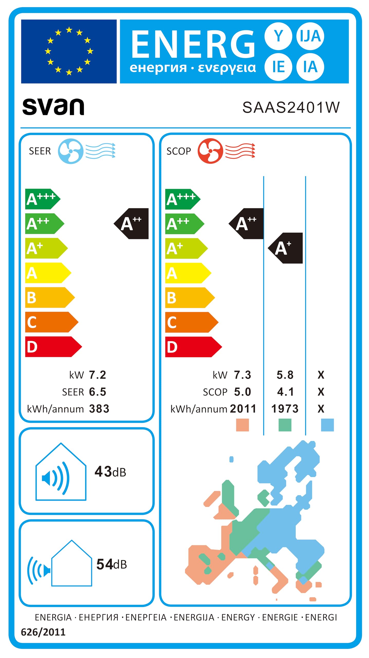 Svan Aire Acondicionado Split, 24000 BTU SAAS2401W. Bomba de Calor, Mando a Distancia, Temporizador, Clasificación Energética A++