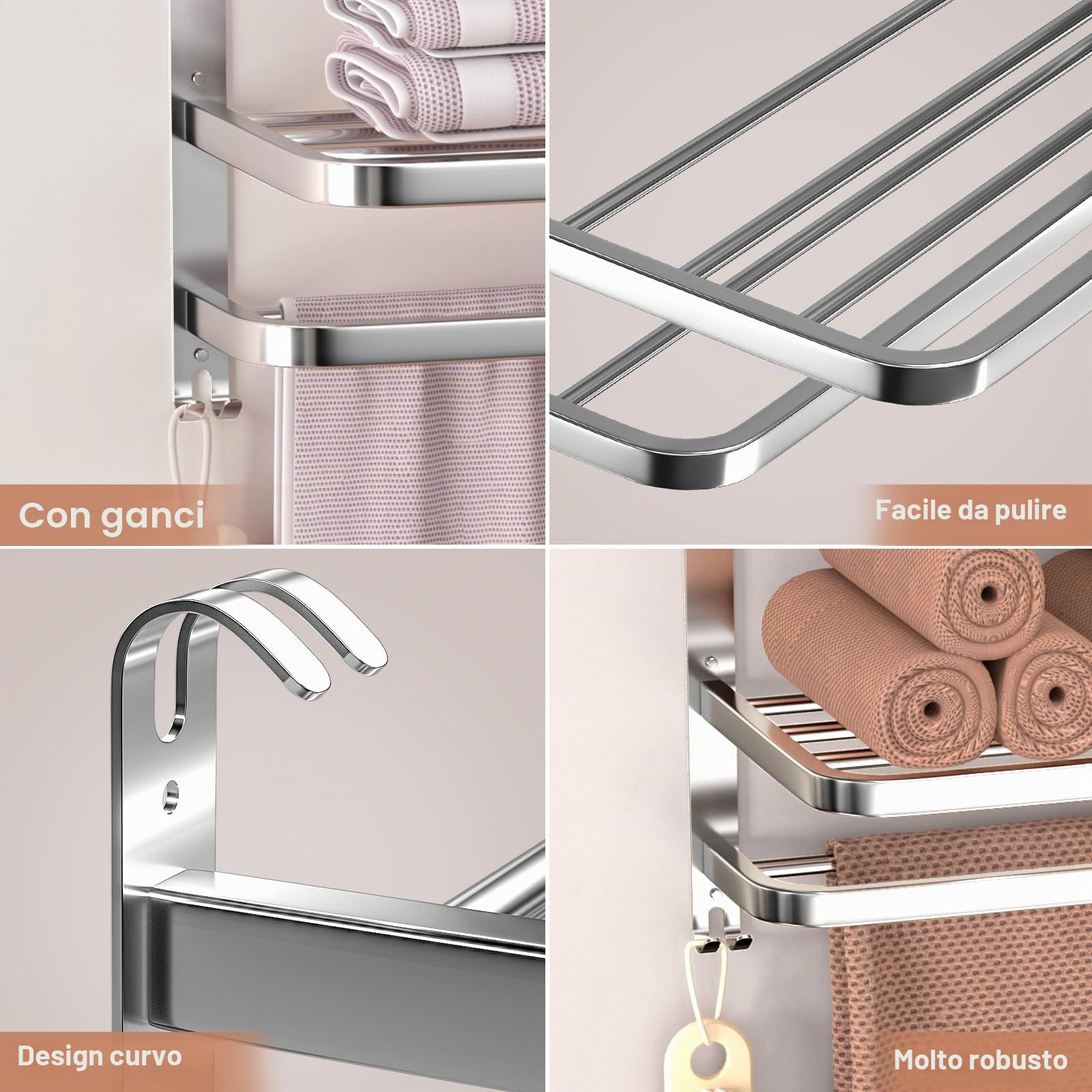 Portasciugamani a 3 livelli per bagno con barre porta asciugamani multistrato per hotel in acciaio inox a parete con finitura spazzolata porta asciugamani 50 cm