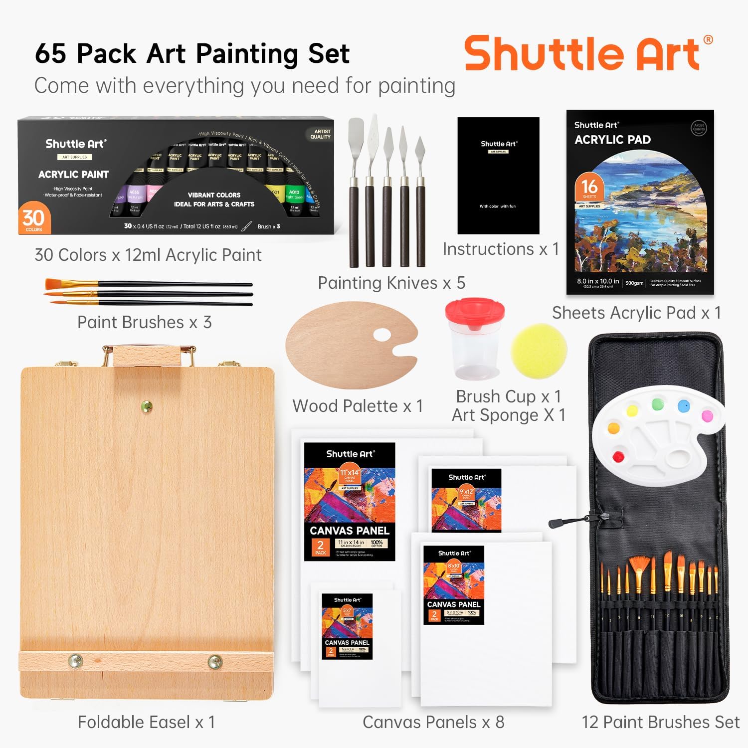 65 Pack Acrylic Paint Set, Shuttle Art Acrylic Painting Set with Wooden Easel, 30 Colors Acrylic Paint, Painting Canvas, Paint Brushes, Palettes, Art Painting Supplies for Kids Adults Beginner Artists - Image 2