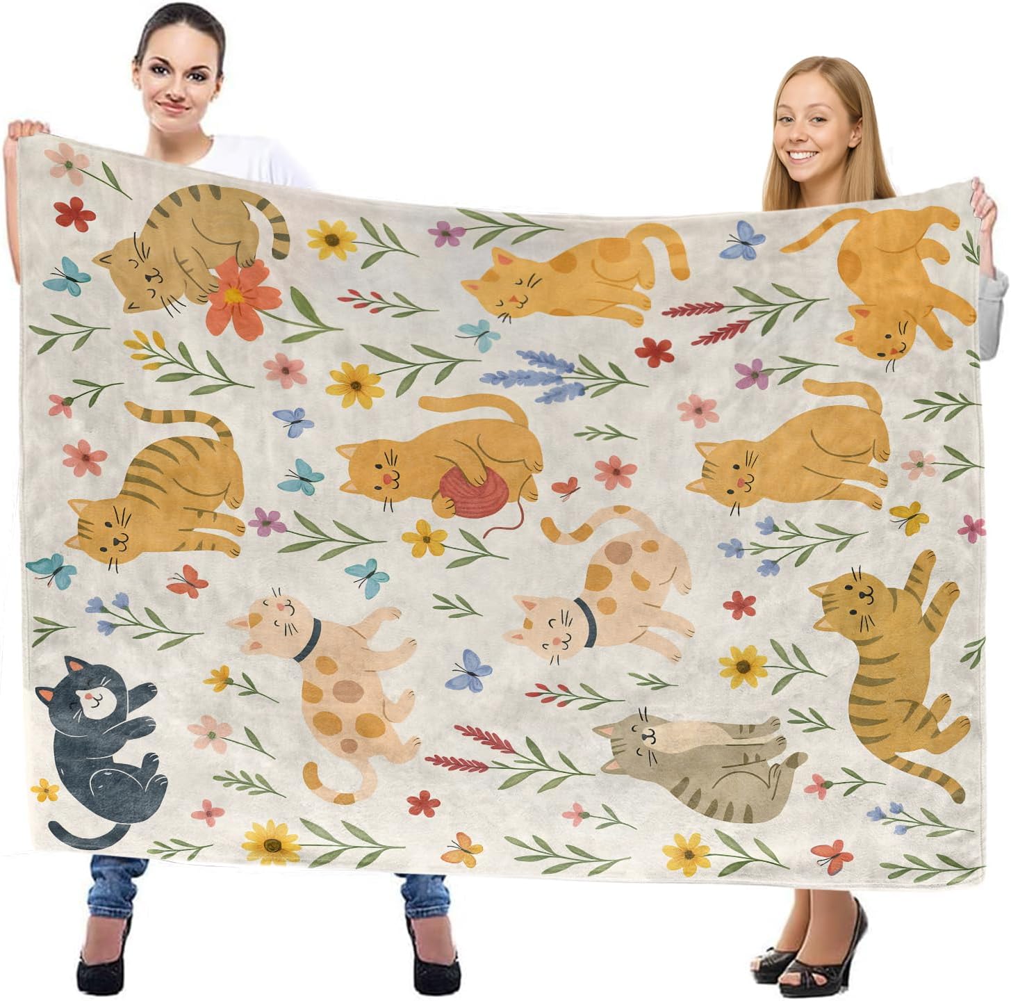 Cute Cat and Flower Throw Blanket, Lightweight Warm Flannel Blanket with Kittens, Butterflies, and Floral, Home Decor and Gifts, Soft Cozy Blankets for Women Girls Kids, 40"x50" for Bed Couch Travel