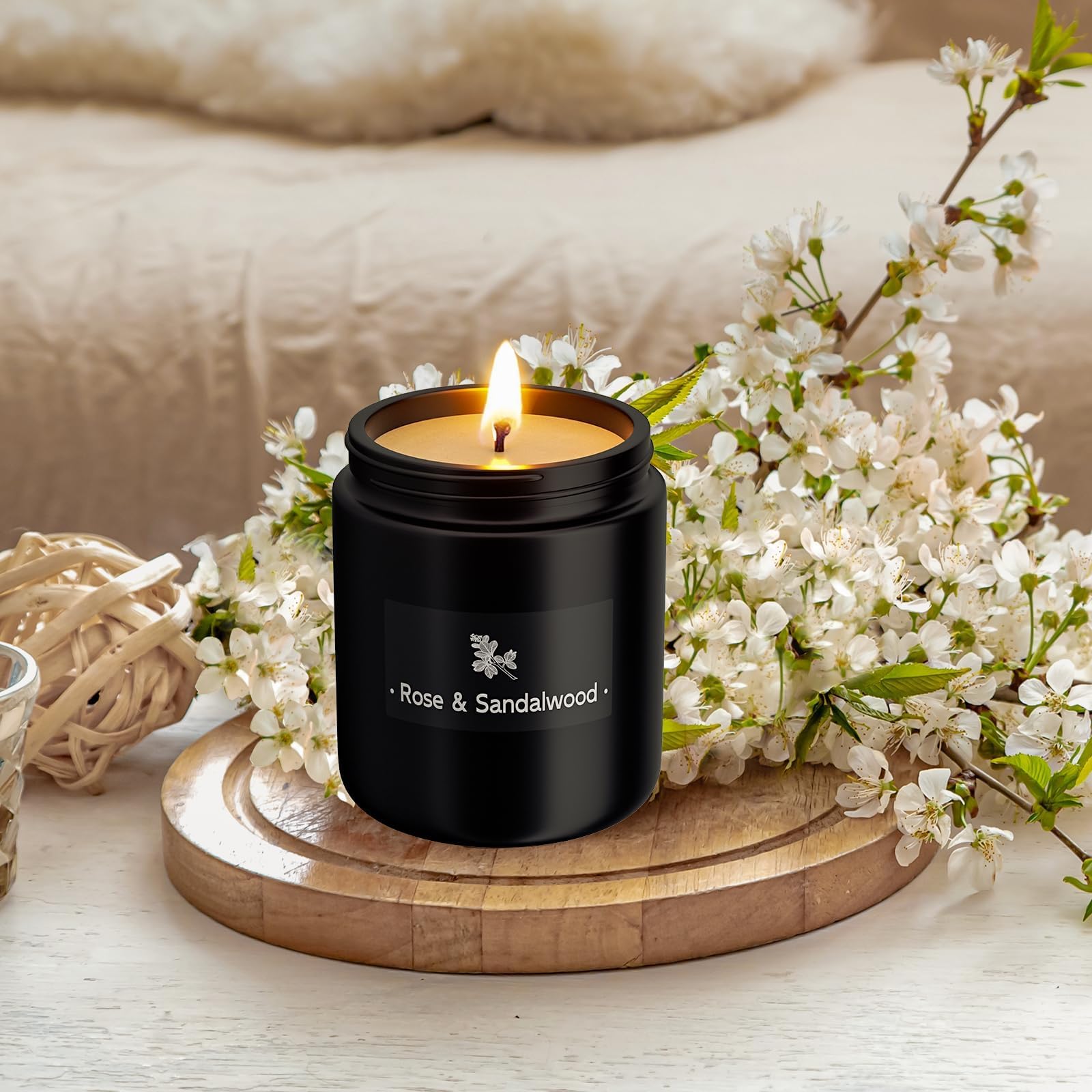 Velas perfumadas para el hogar, vela de aromaterapia con fuerte fragancia – 7.6 onzas, 100% cera de soja – Velas de Navidad perfumadas para hombres y mujeres en tarro negro, rosa y sándalo