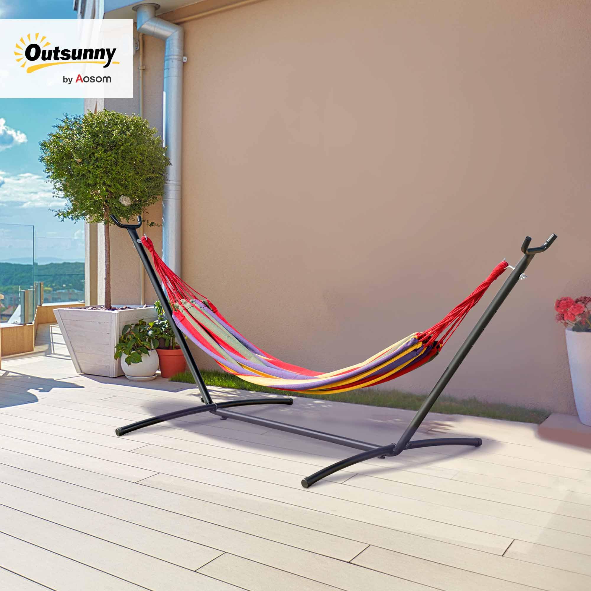 Outsunny Hamaca con Soporte de Acero Hamaca para Jardín Portátil con Altura Ajustable en 6 Niveles y Bolsa de Transporte para Patio Carga 120 kg 200x150 cm Multicolor