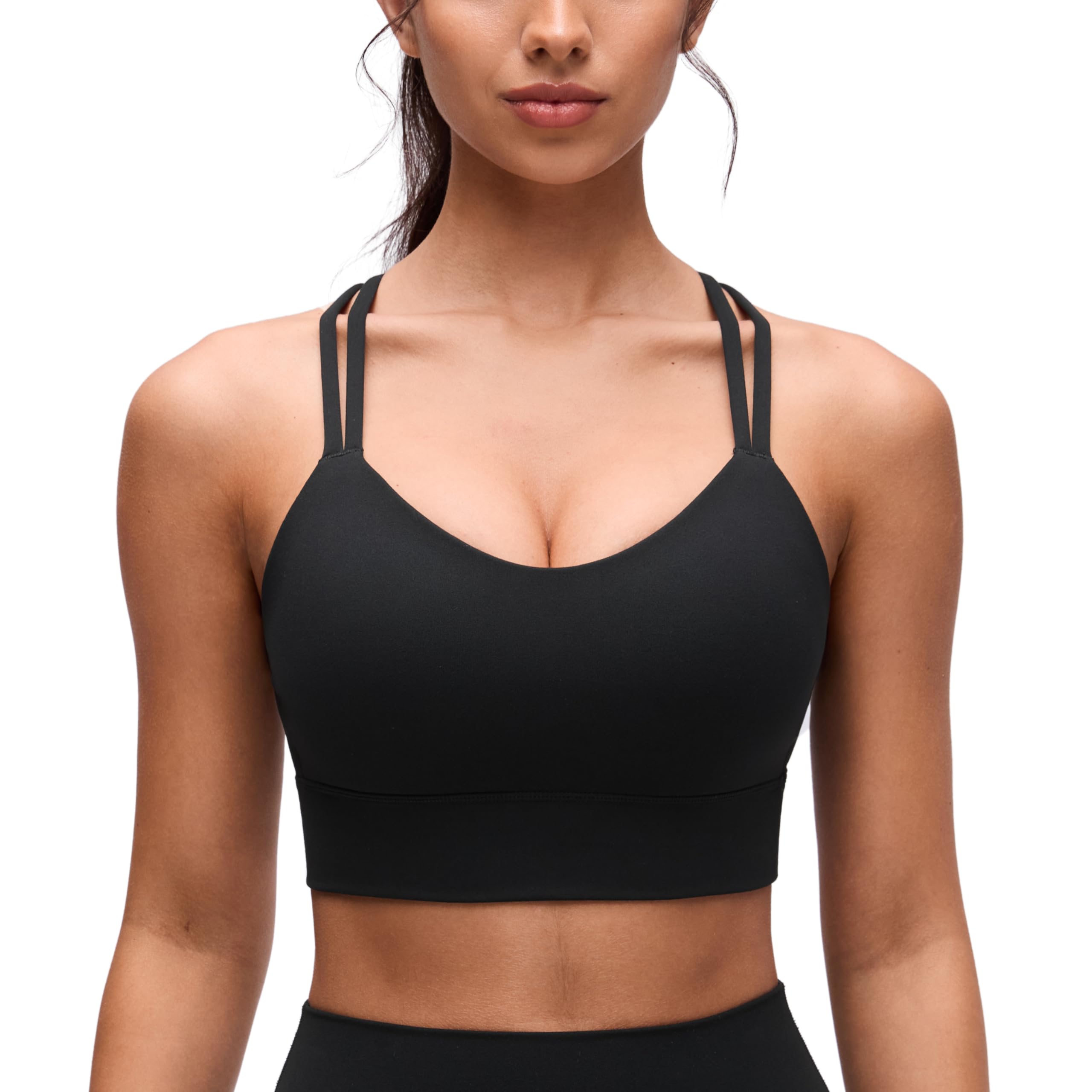 CRZ YOGA Butterluxe Women's Strappy Sports Bra Molded A-D Cup Criss Cross Yoga Bra Padded Longline Workout Crop Top Black XS