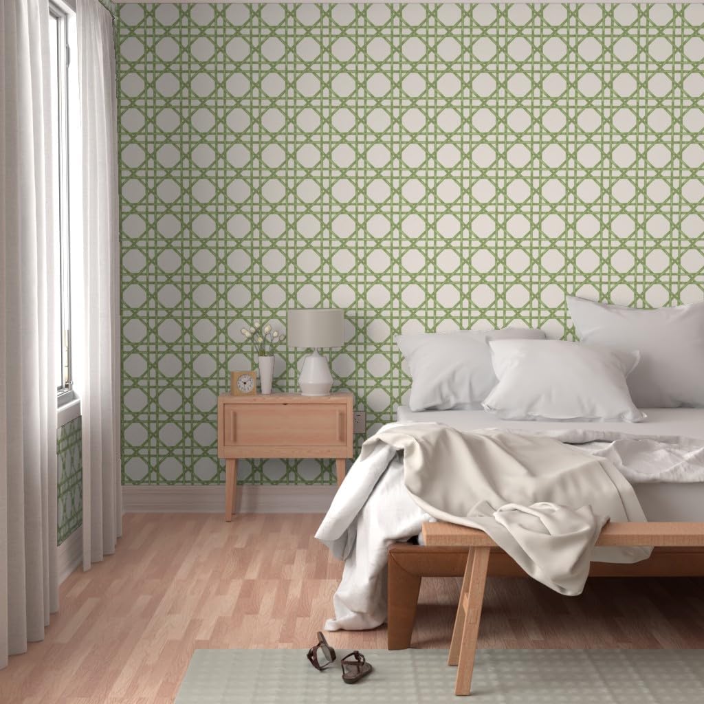 Spoonflower Removable Wallpaper Swatch - Green Bamboo Trellis Rattan Weave Preppy Cottagecore Traditional Cottage Classic Geometric Custom Pre-Pasted Wallpaper