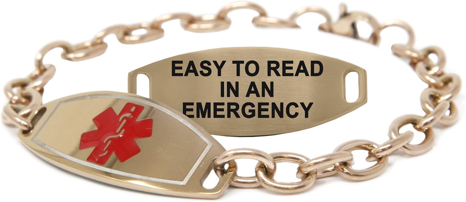 Medical Alert Bracelet for Women, Custom Engraved Medic ID, Rose Gold Tone Steel 6mm O-Link Chain, Red, Free ID Card - Made in USA