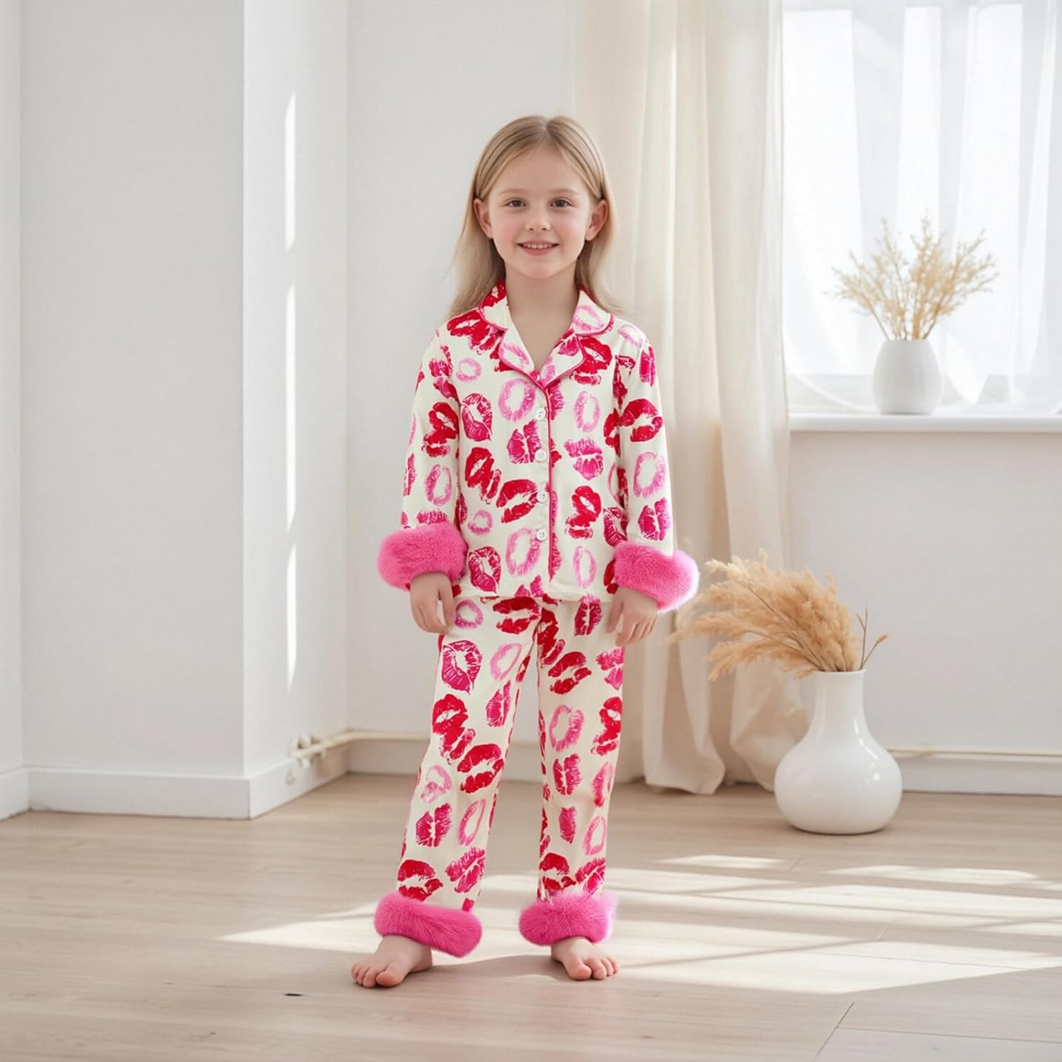 Toddler Girl Valentine's Day Satin Pajamas Set Baby Silk Pjs Heart Button Down Shirt Long Pants Sleepwear Spring - Image 2
