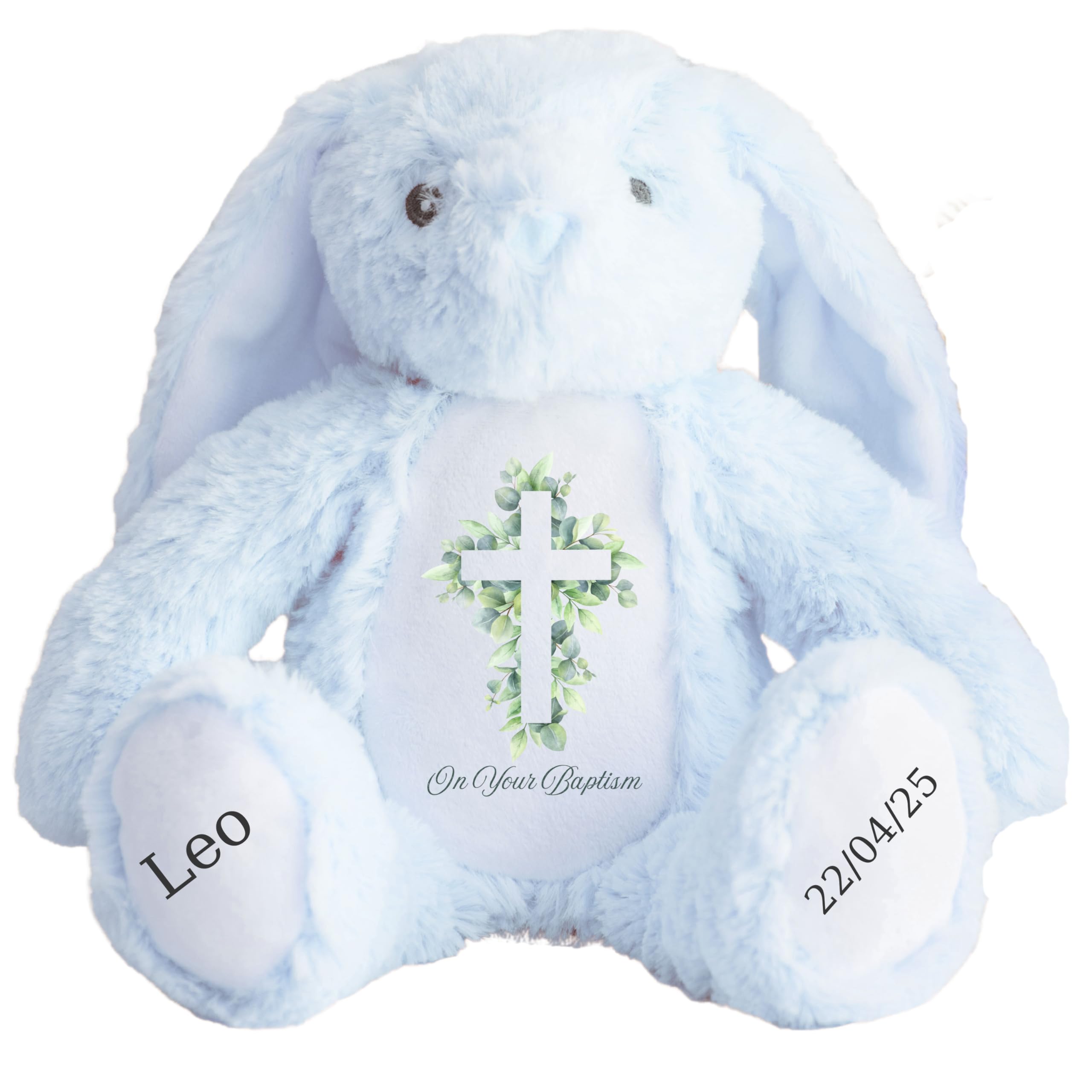 HotScamp Personalised Baptism Bunny with Name - Eucalyptus Leaf Cross On your Baptism Day Soft Toy for Baby, Child, Kids, Babies Christening Church Spring Time - Pink Letter Blu Bunny