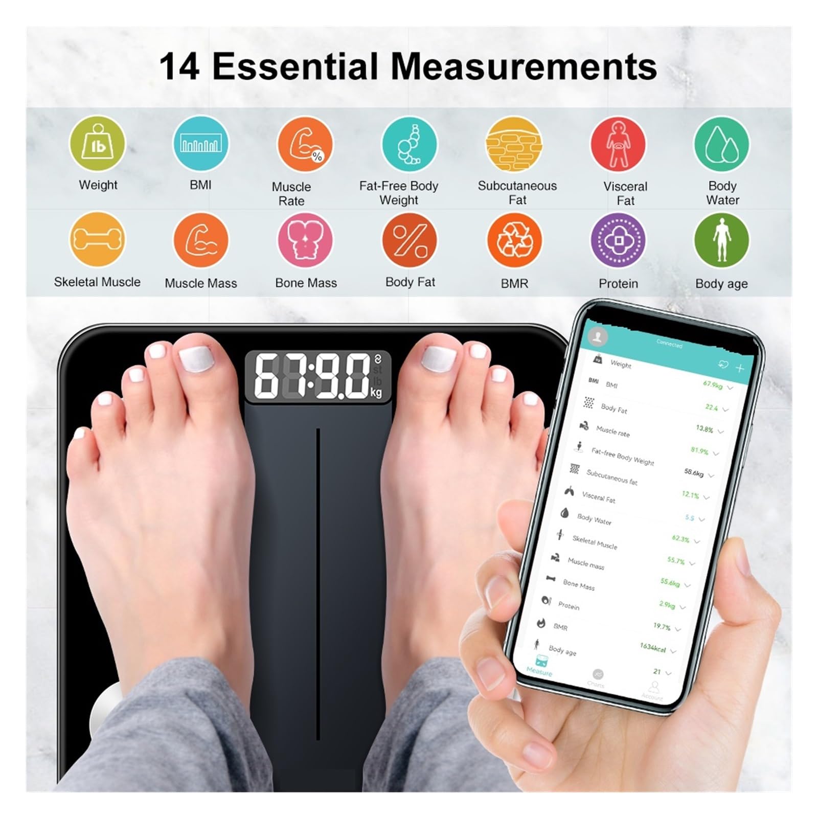 Báscula De Peso Corporal Balanza Digital BMI Grasa Bioimpedancia Bluetooth Baño Inteligente 180 KG Preciso FáCil De Leer
